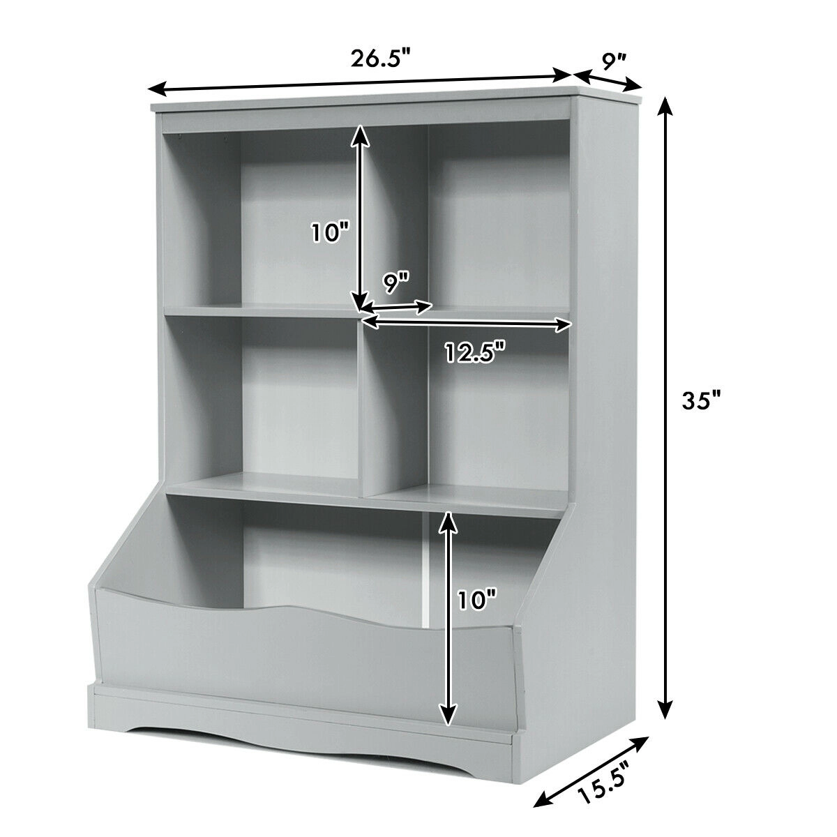 SUGIFT Kids 3-Tier 4 Compartments Storage Bin Anti-Tip Wooden Bookcase 26.5-in x 16-in x 34.5-in 66-lb Top Gray