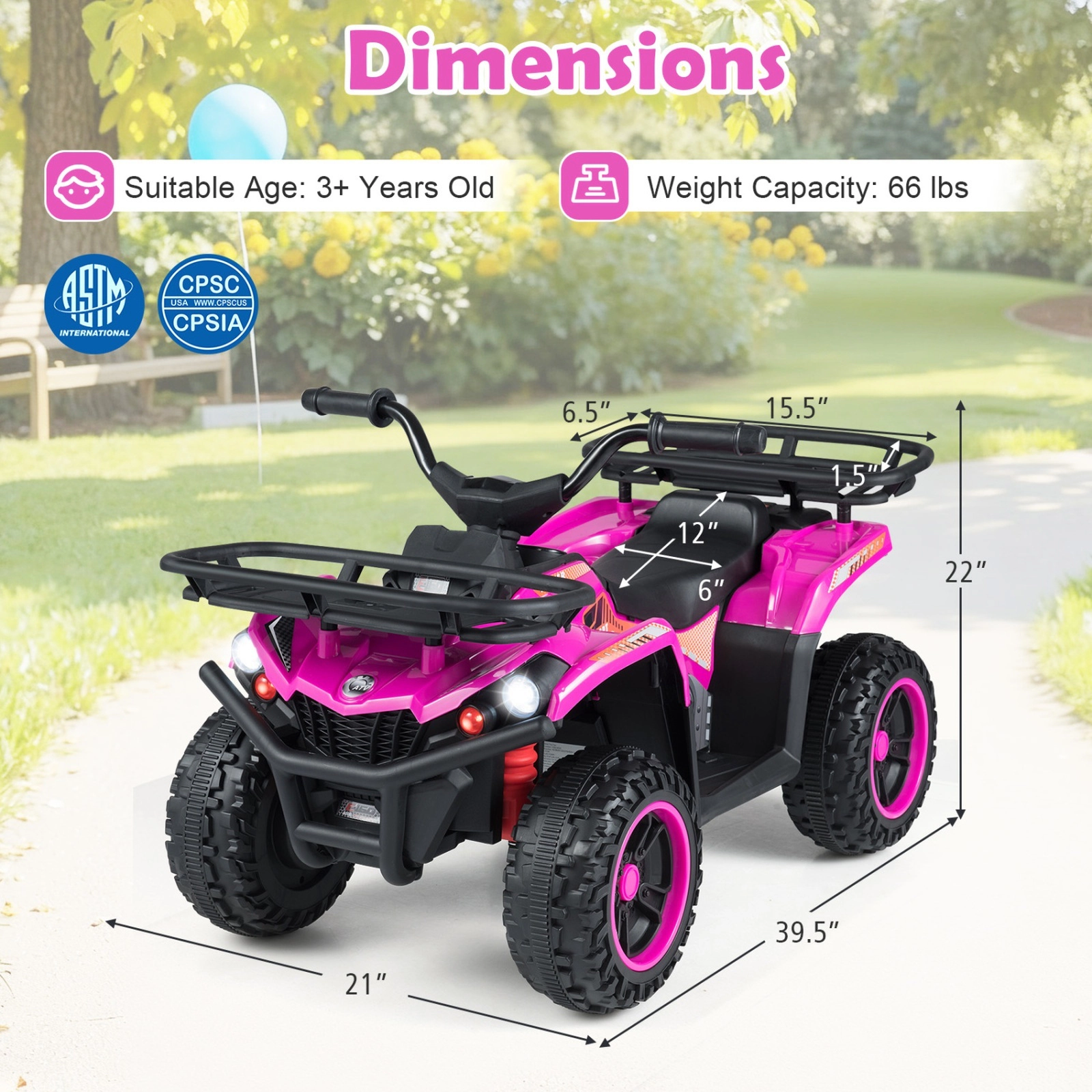 24V Kids Electric Ride On Quad 30-Degree Climbing Ability LED Headlights Gear Shifter Storage SD USB Ages 3+ Pink ATV
