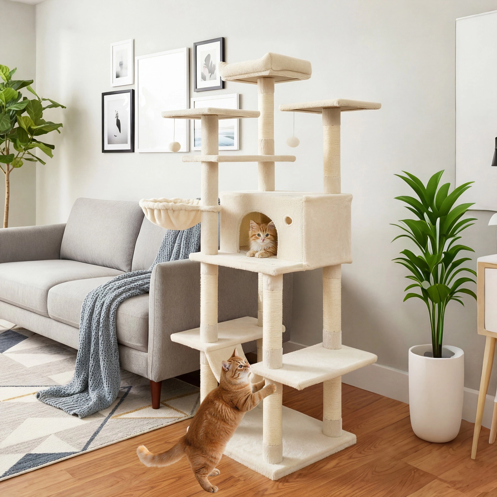 SUGIFT Beige 63 in Large Cat Tower with Thick Padded Perch and Spacious Condo