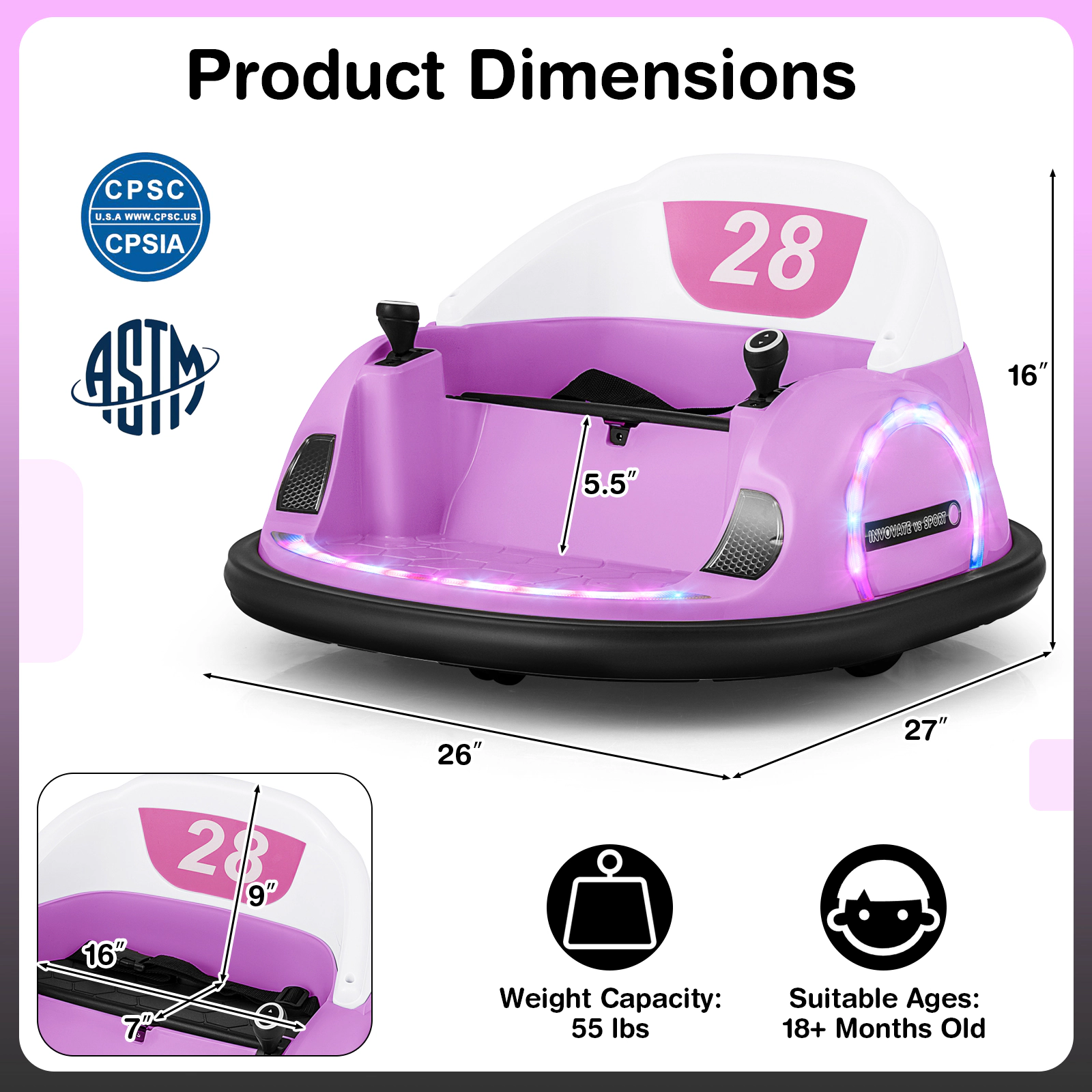 12V Bumper Car for Toddlers 18+ Months with Remote Control 3-Speed Battery Indicator and 360-Degree Spin Ride On Toy