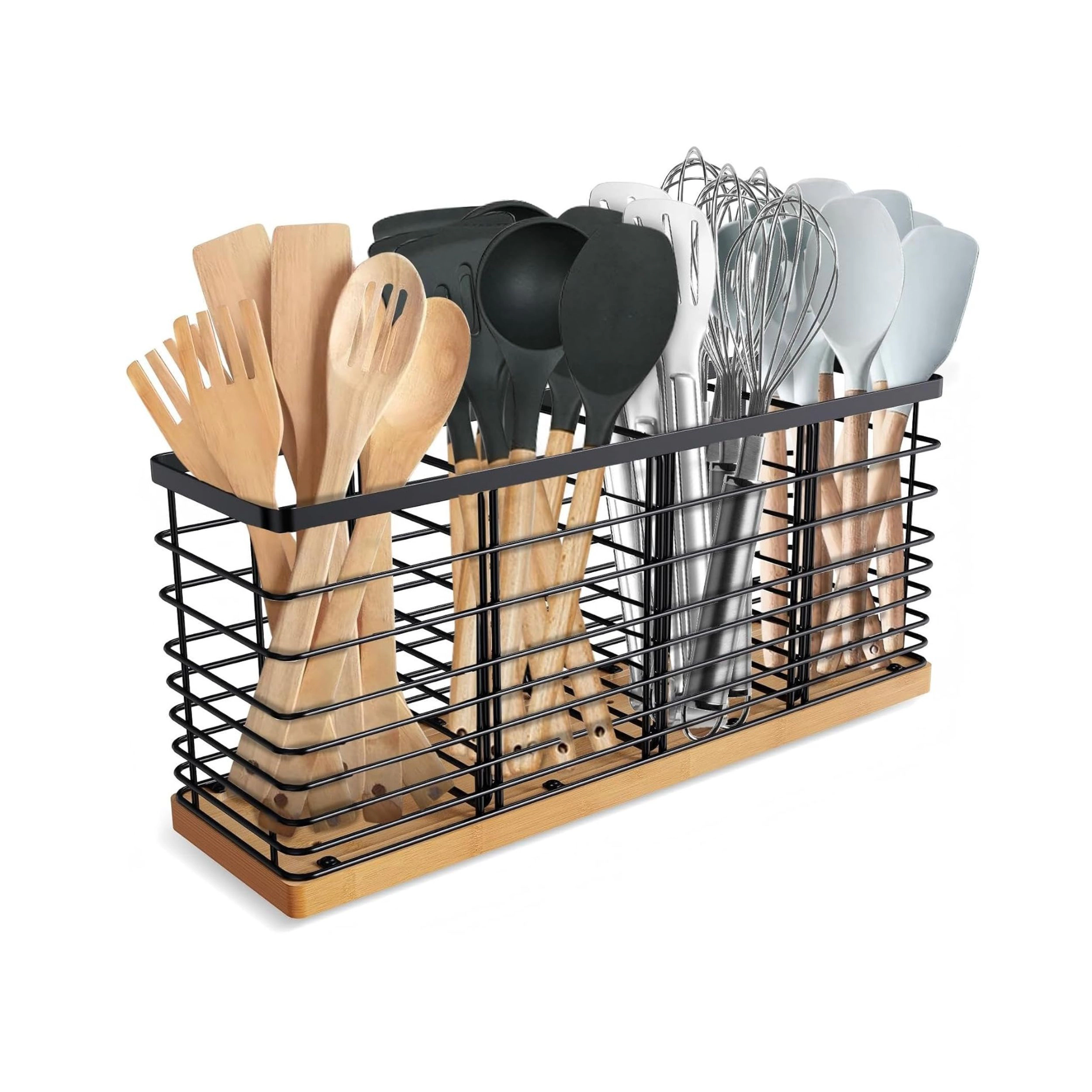 Stock Preferred Extra Large Metal Kitchen Utensil Holder with Wooden Base and Divider