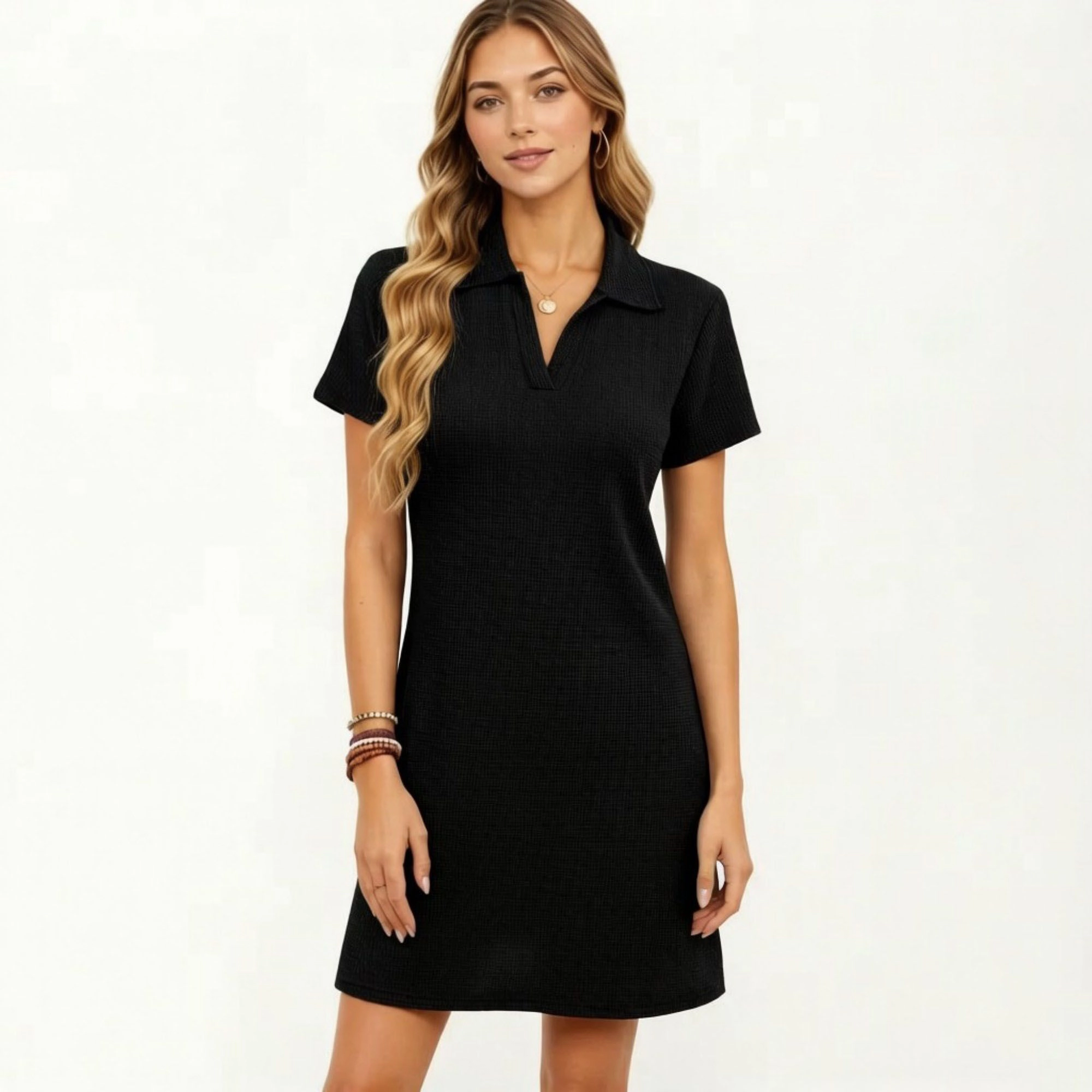 Anna-Kaci Women's Short Sleeve Collared Split V Neck Textured Knit Relaxed Fit Casual Mini Dress