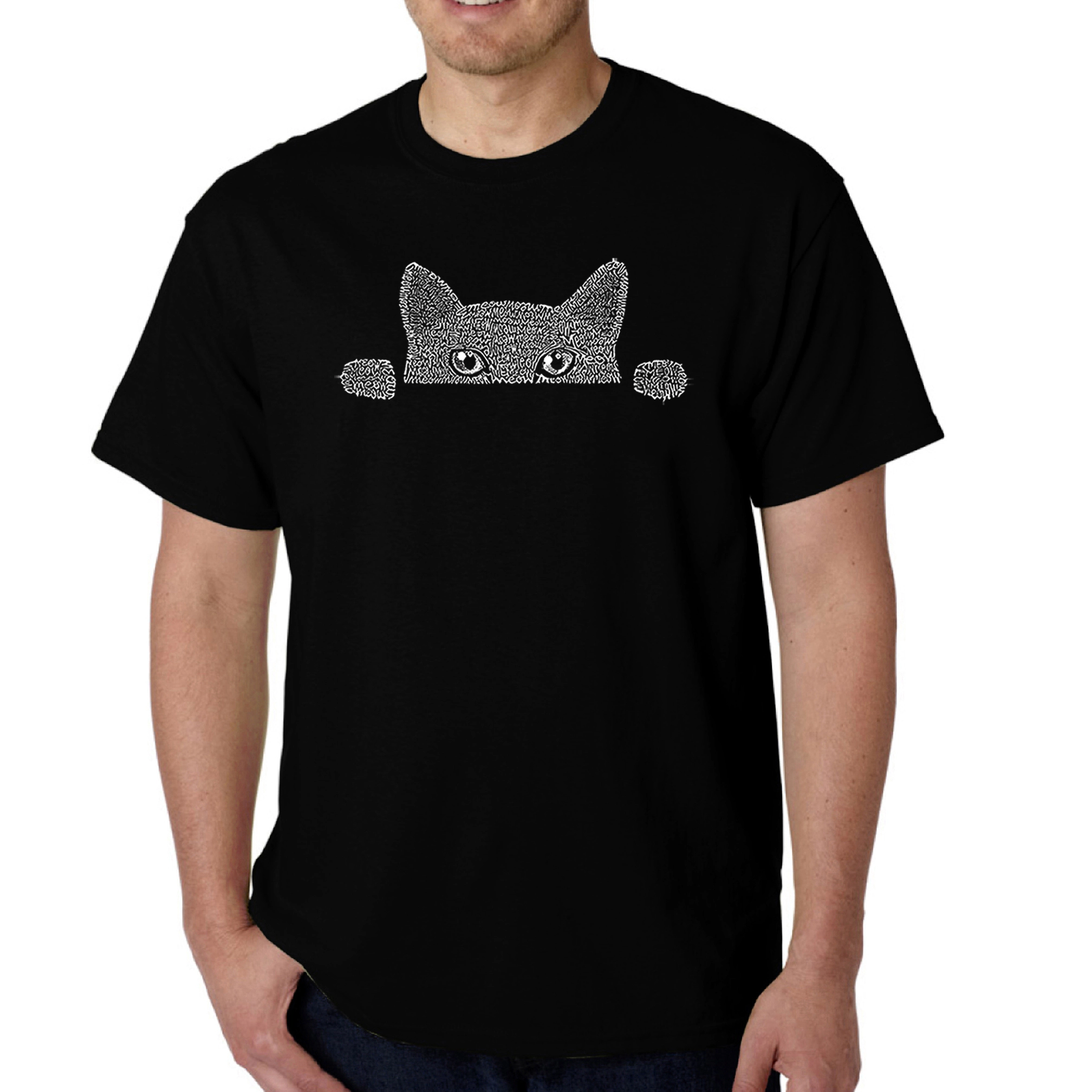 LOS ANGELES POP Art Men's Peeking Cat Word T-Shirt - 100% Cotton, Crew Neck, Short Sleeve, Regular Fit