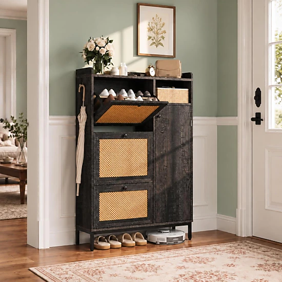 BebreezChic Rattan 4-Tier Shoe Cabinet with Flip Drawers,Vintage