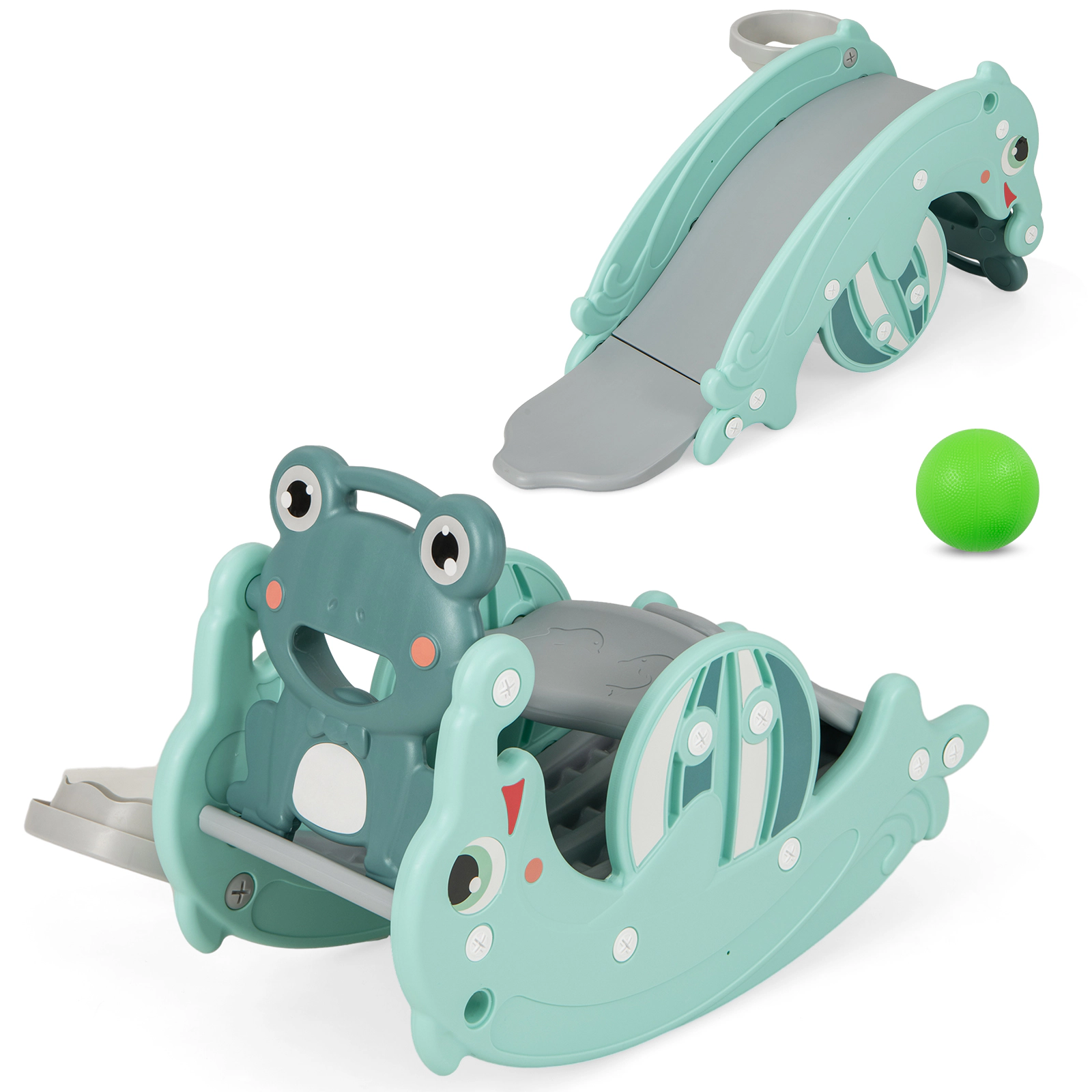 SUGIFT Green Basketball Hoop 3-in-1 Convertible Toddler Slide and Rocking Horse Set