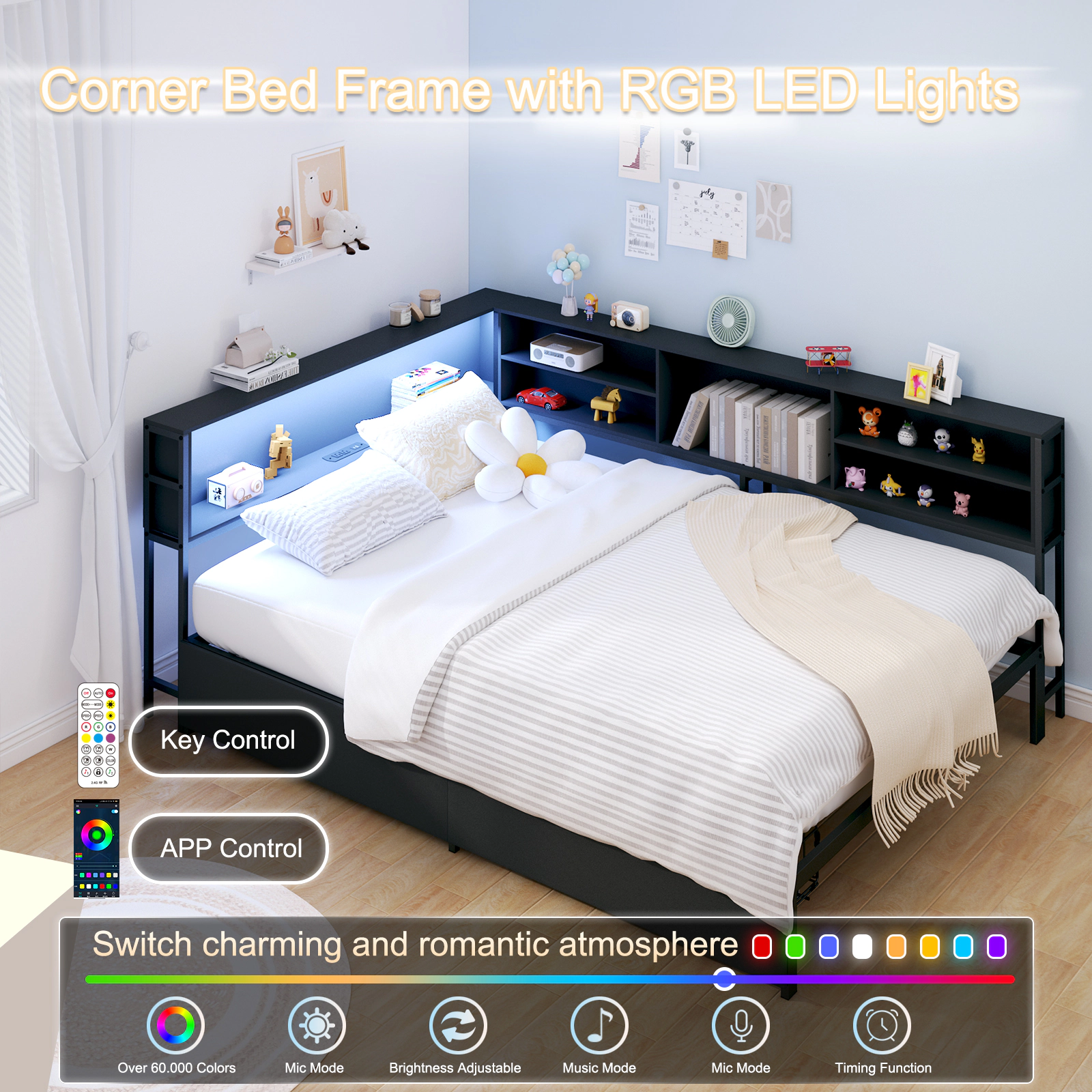 Flynama Full Corner Daybed with Storage, Bookcase Headboard, LED & Charging Station