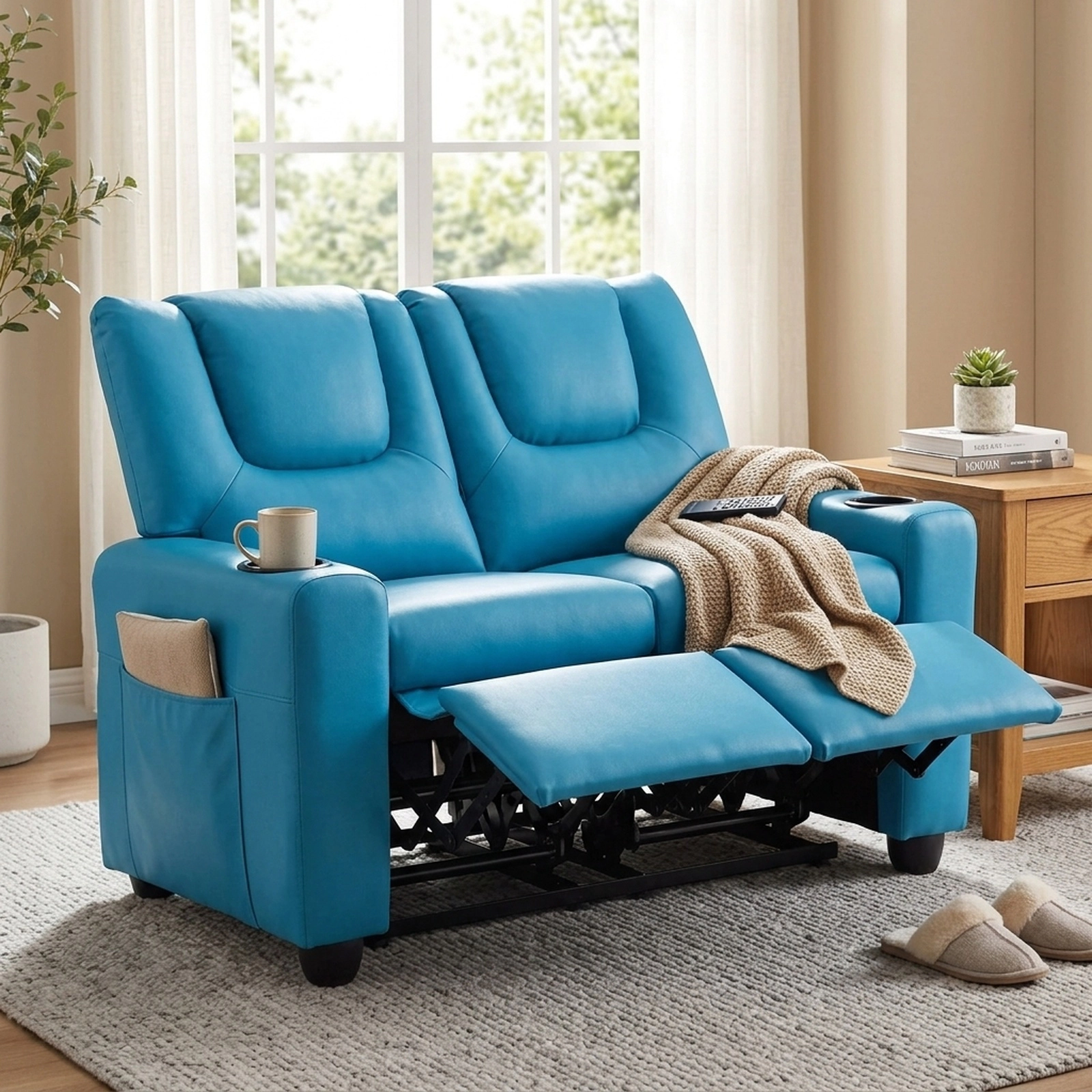 Kids Recliner Chair 2-Seater Toddler Sofa Lounge Chair with Adjustable Backrest Retractable Footrest 2 Cup Holders Blue