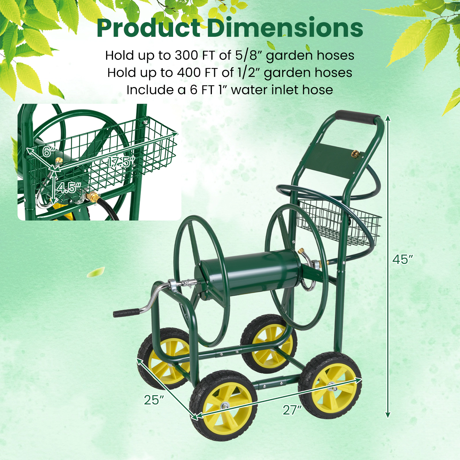SUGIFT Green Metal Garden Hose Reel Cart with Storage Basket 4 Wheels and Brass Fittings for 300-ft Hose
