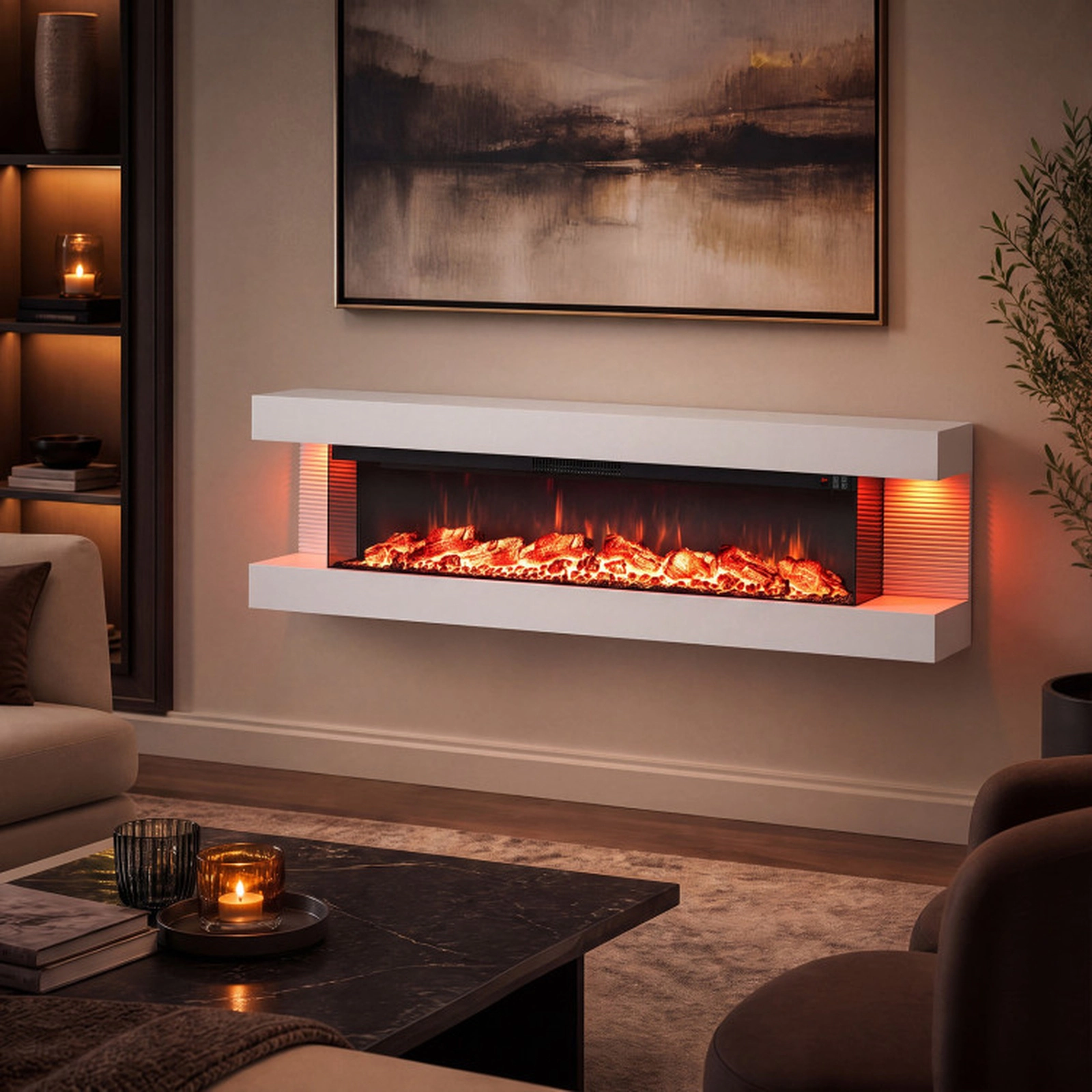 SUGIFT 3-Sided Wall Mount Electric WiFi Fireplace with Floating Mantel 60-in 750W/1500W Heater 5118 BTU 400 sq.ft White