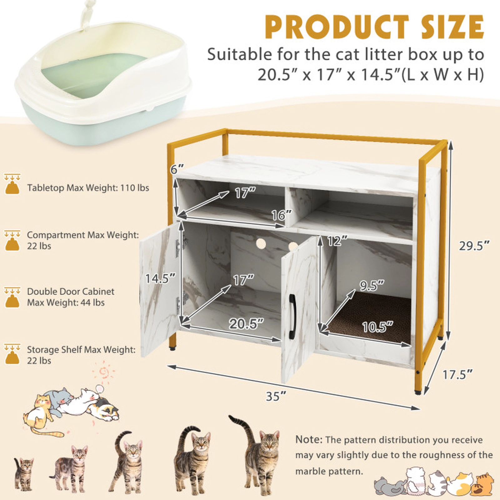 SUGIFT 35 x 29.5-in 110-lb Capacity White Hidden Litter Box Enclosure Cat Washroom with Doors and Scratch Board