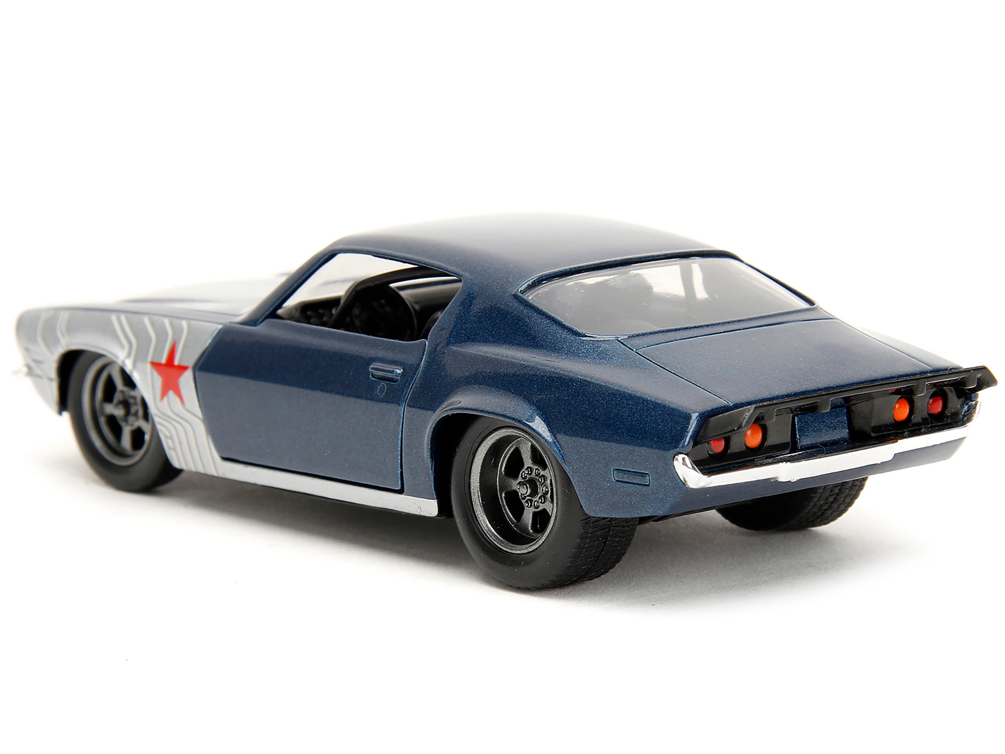 Jada 1973 Chevrolet Camaro Dark Blue Metallic with Gray Stripes and Winter Soldier Diecast Figure "Marvel