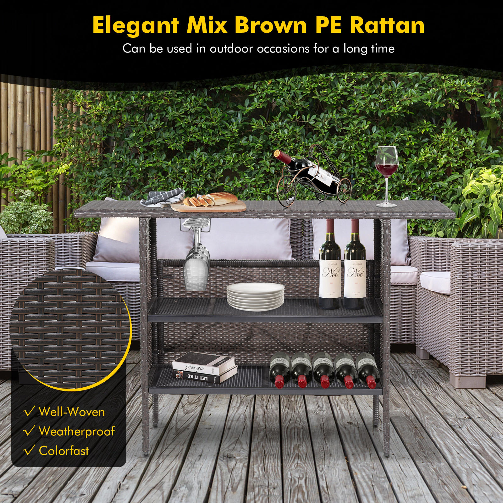 SUGIFT Outdoor Wicker Bar Table 2 Metal Mesh Shelves 77-lb Tabletop Capacity 55 x 18.5 x 36 in Mix Brown PE Rattan Steel
