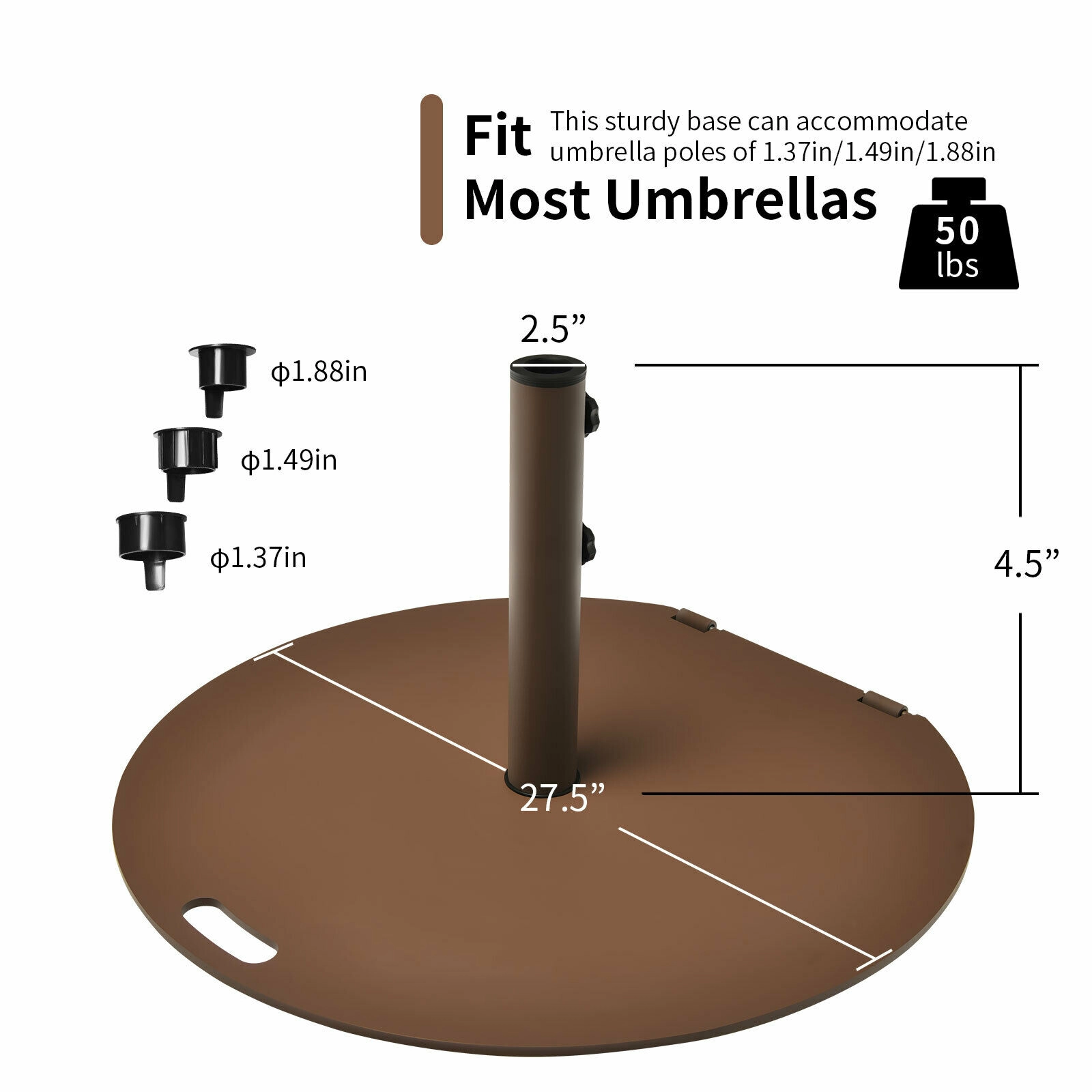 Slickblue Round 50 lb Steel Patio Umbrella Base with 3 Pole Adapters and Wheels