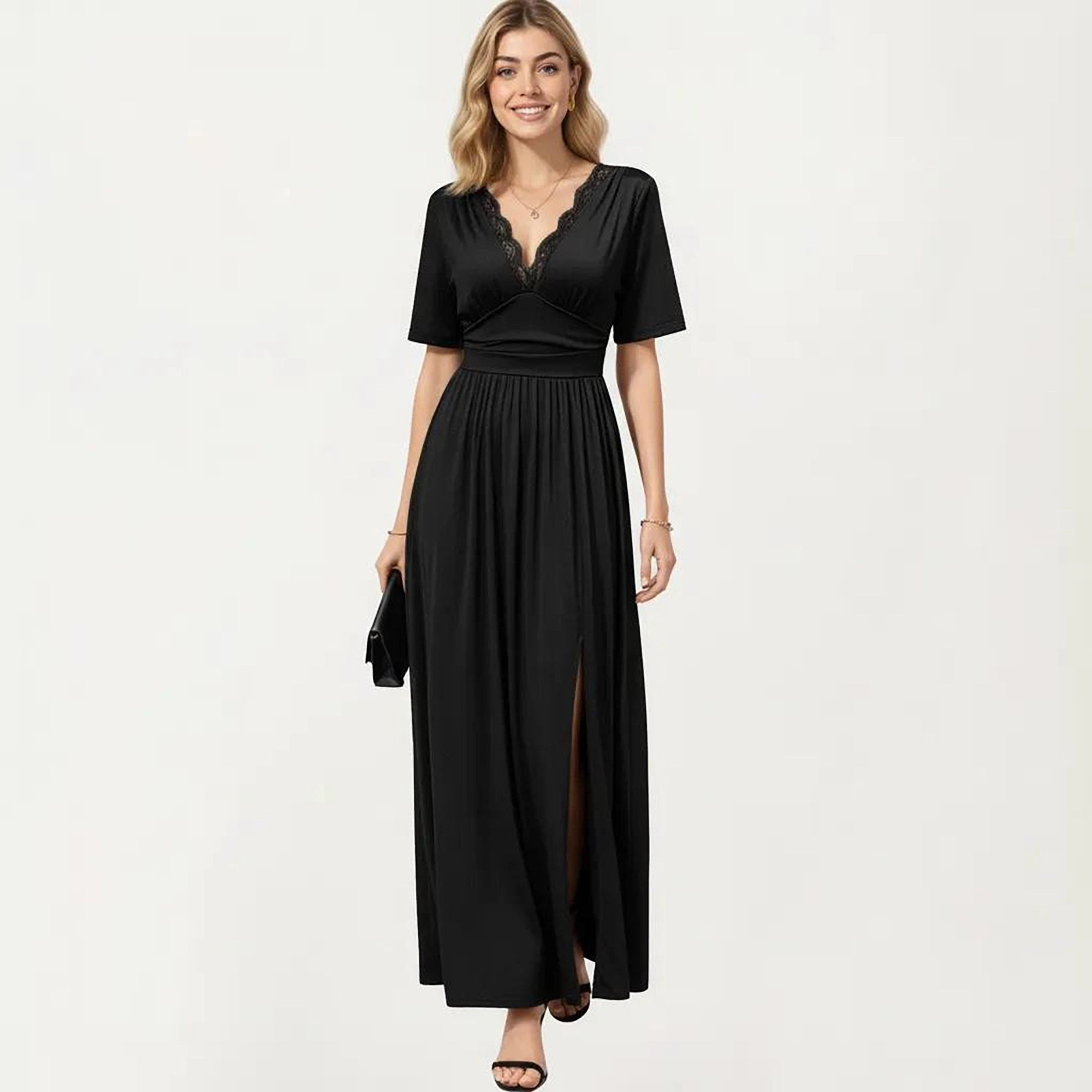 Anna-Kaci Women's Short Sleeve Lace Trim V Neck Side Slit Maxi Dress