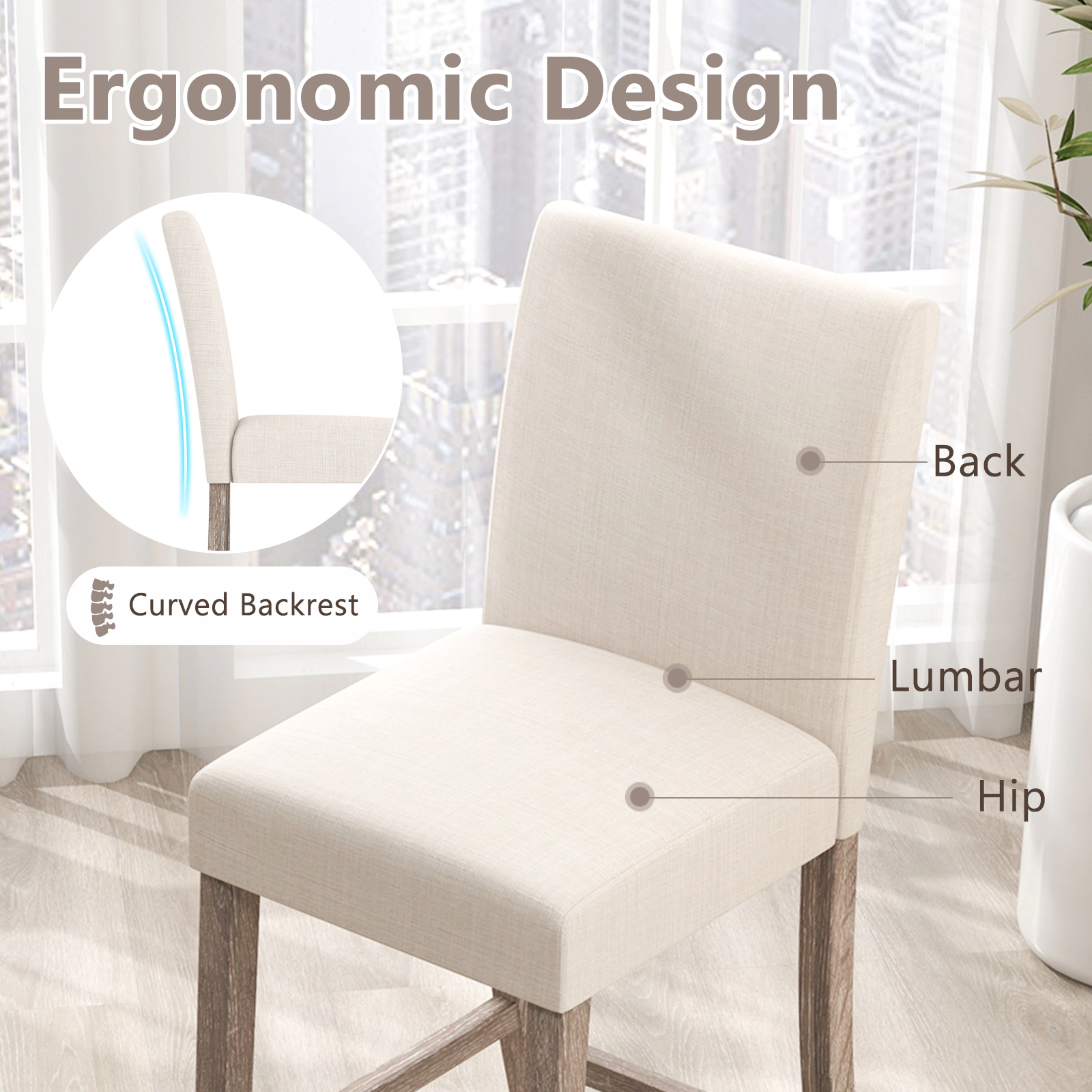 SUGIFT Set of 2 Beige Linen Upholstered Counter Height Bar Stools, 24.5-Inch Seat, Backrest
