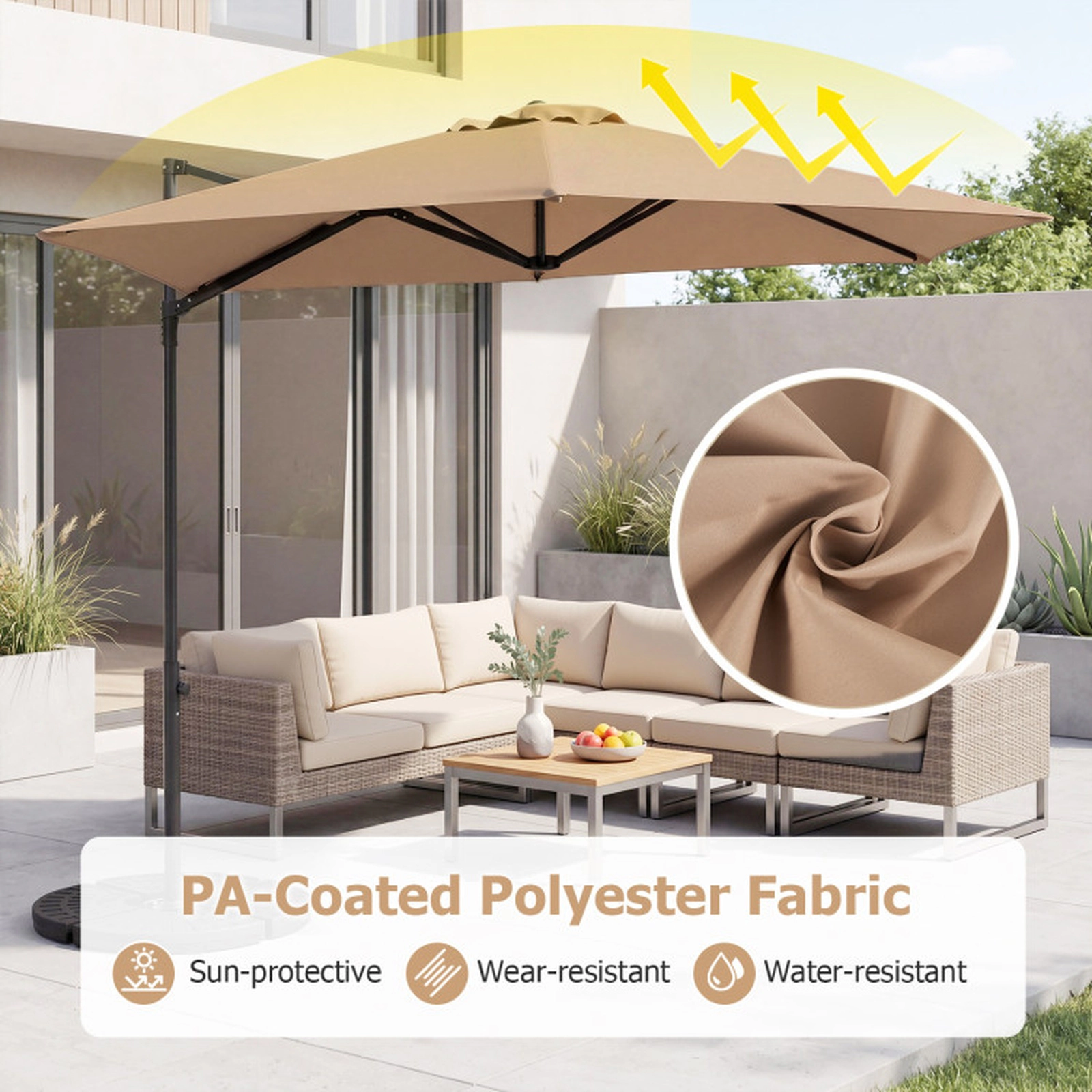 SUGIFT 10-ft Tan Offset Cantilever Patio Umbrella with 360-Degree Rotation Twist-In Pole and Vented Top