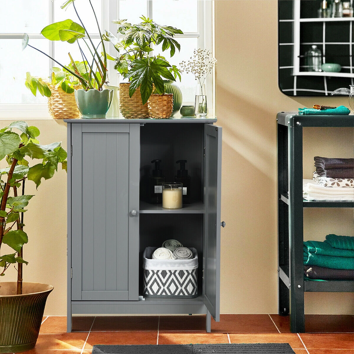 SUGIFT Bathroom Floor Storage Double Door MDF Cupboard Cabinet 176-lb Top Capacity Gray