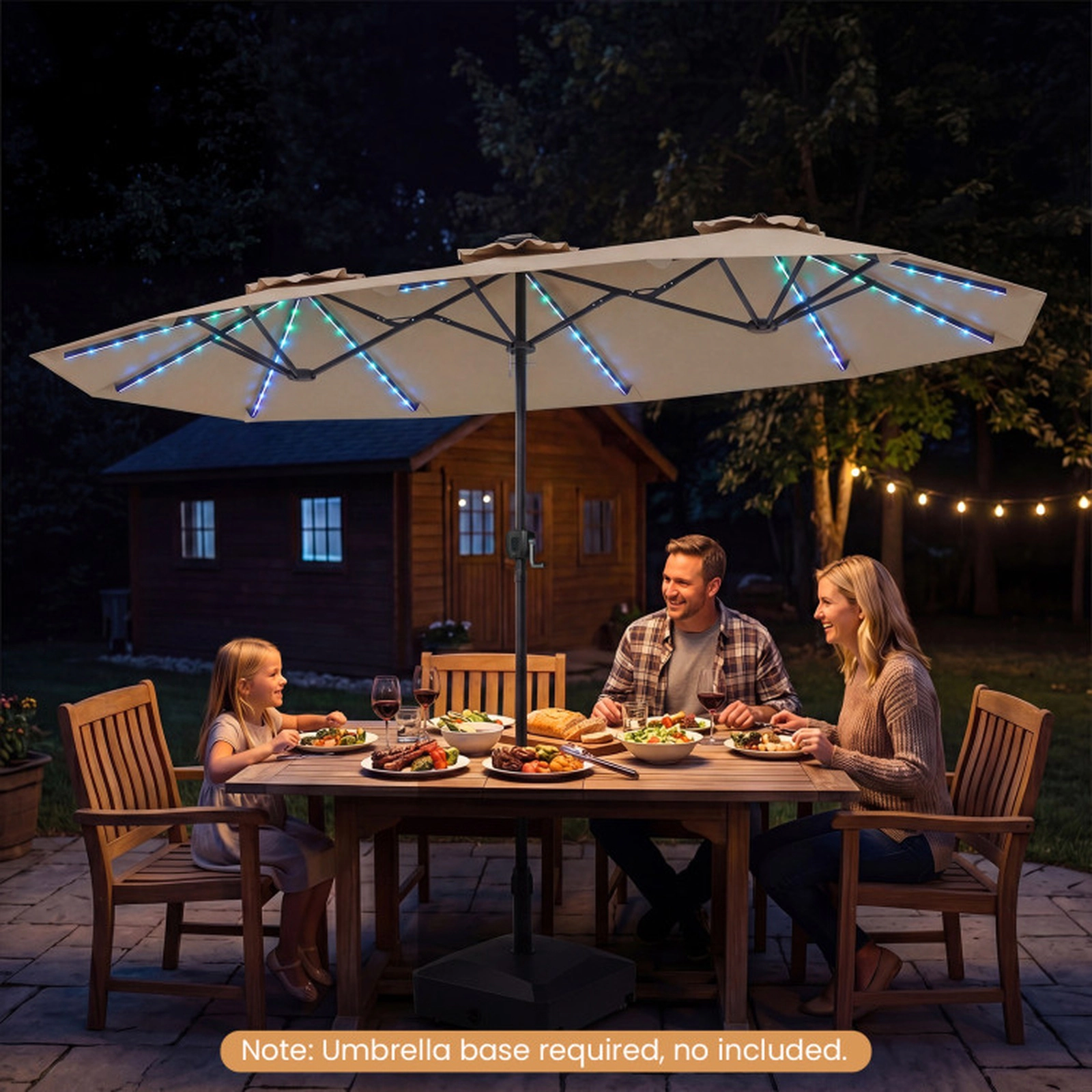 SUGIFT Double-Sided Patio Umbrella with 13 x 7ft Canopy & Color-Changing Solar LED Lights 108-Light 12-Mode Design Brown