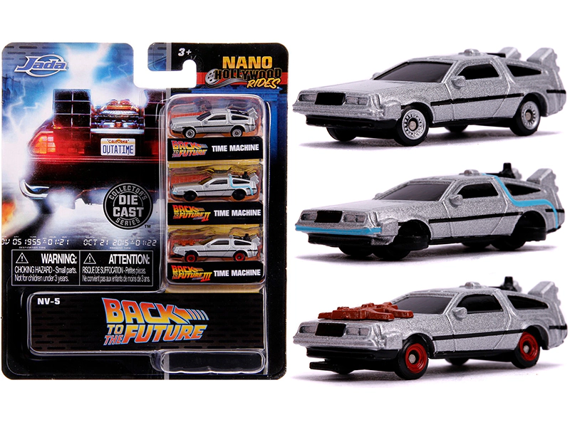 Jada "Back to the Future" Time Machine 3 piece Set "Nano Hollywood Rides" Diecast Model Cars by Jada