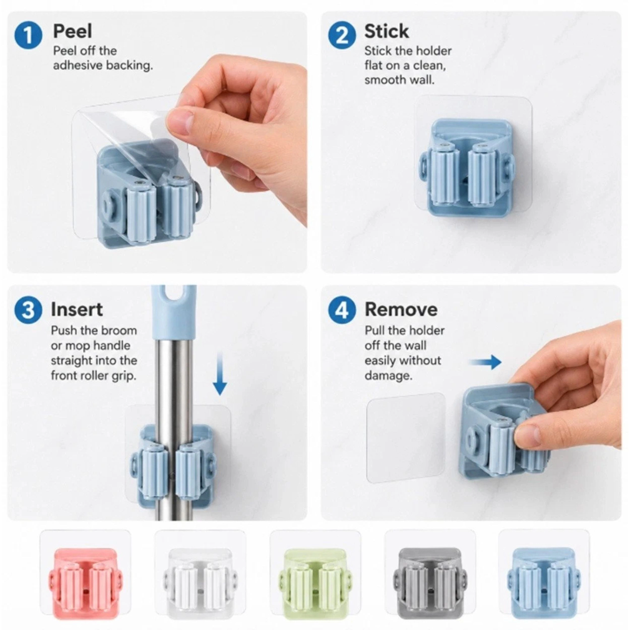 Home Collection Pack of 5 Broom Mop Holders Wall Mount Self-Adhesive Tool Organizer Rack
