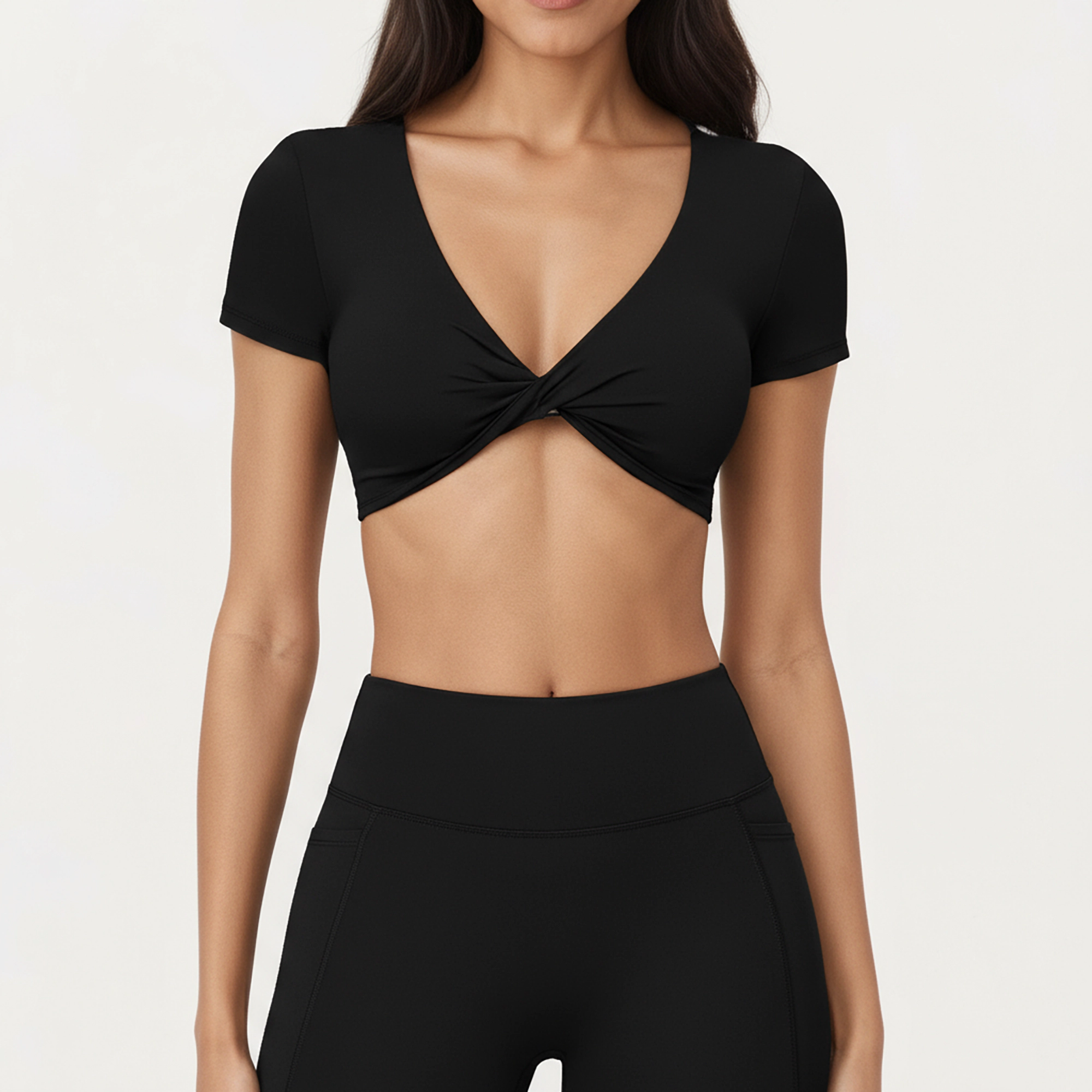 Anna-Kaci Women's Short Sleeve Twist Front V-Neck Crop Active Top