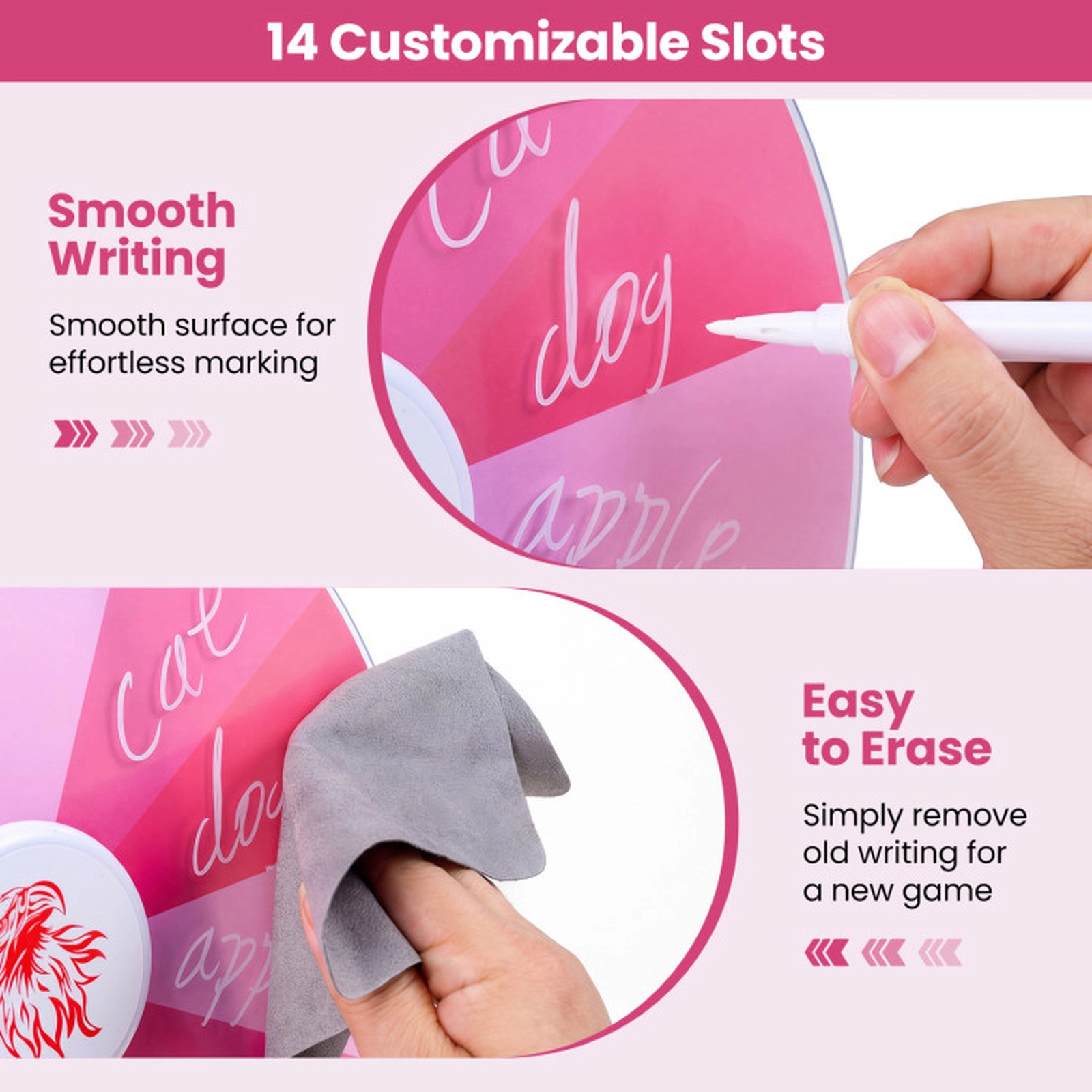 SUGIFT 12-in 14-Slot Wall Mounted Spin Prize Wheel with Swivel Base Wiping Cloth and 2 Blackboard Markers Pink