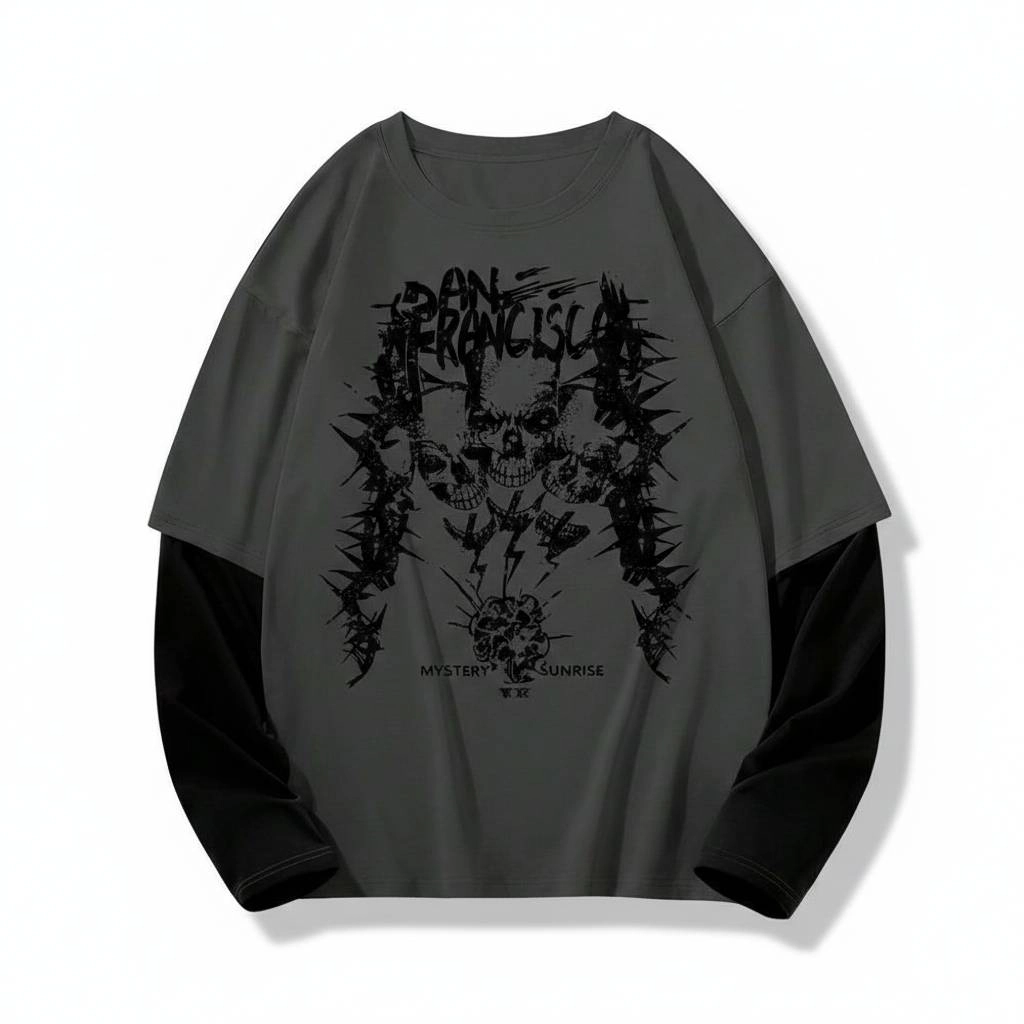 Enigma Meadows Casual Skull and Letter Print Colorblock Mock Layer T-Shirt