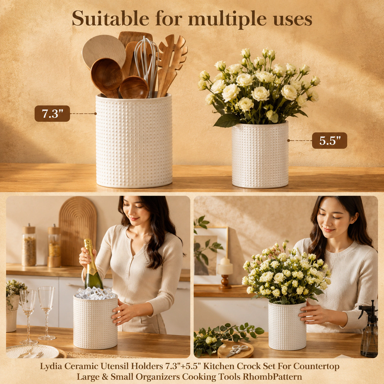 WZK 2 Pcs Ceramic Rhomb Pattern Kitchen Utensil Holders