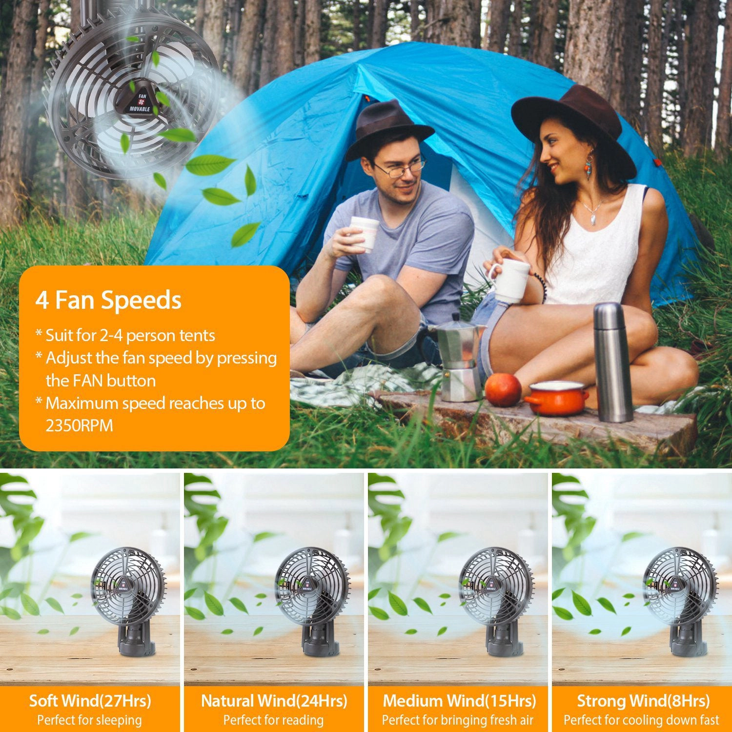 GBruno 10400mAh Rechargeable Camping Fan With LED Light