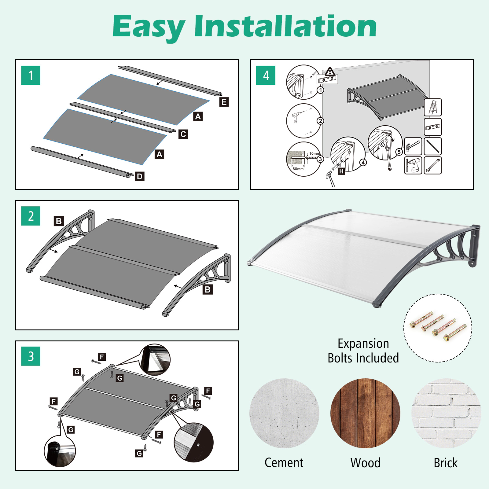 SUGIFT 48 x 40-in Outdoor Front Door Window Awning Door Canopy 44-lb Capacity 1-Piece Patio Umbrella Cover Gray
