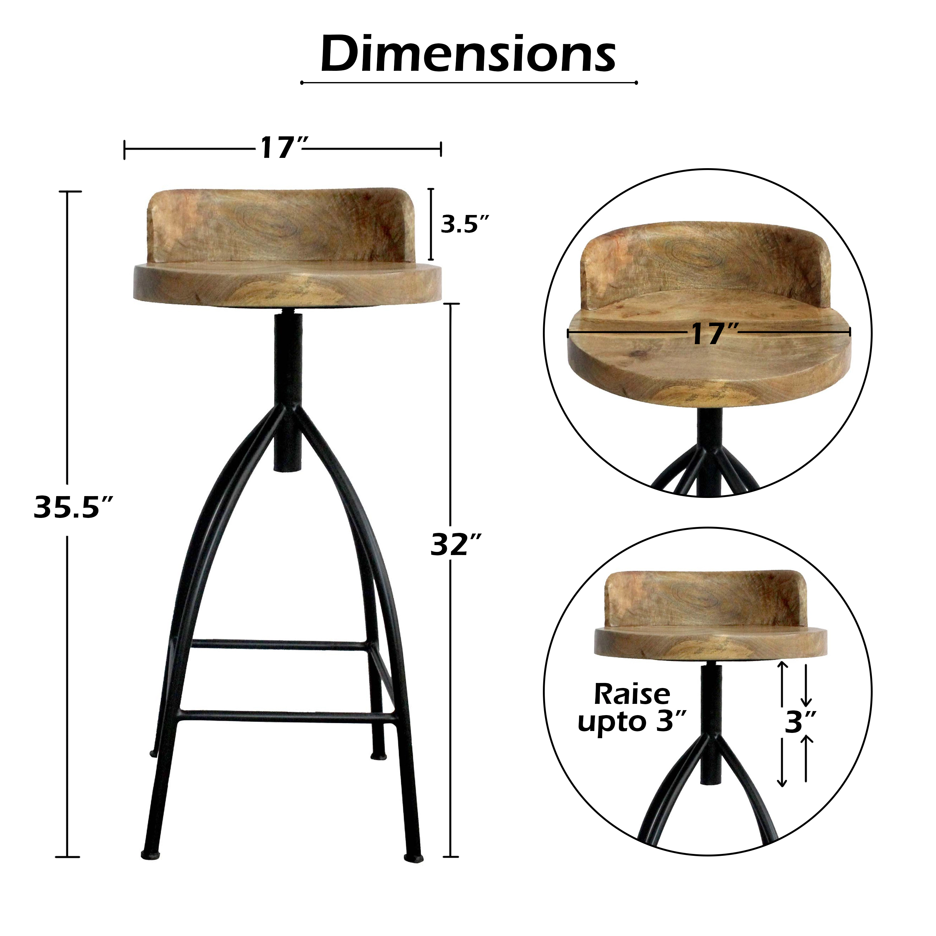 The Urban Port Pia 32-35 Extra Tall Adjustable Barstool, Natural Brown Mango Wood Seat, Black Iron Frame