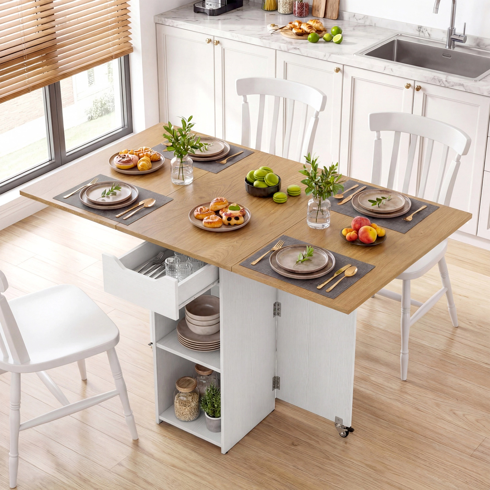 SUGIFT 47.5-in Farmhouse Extendable Drop Leaf Wooden Dining Table with Lockable Wheels 88-lb Tabletop Capacity White