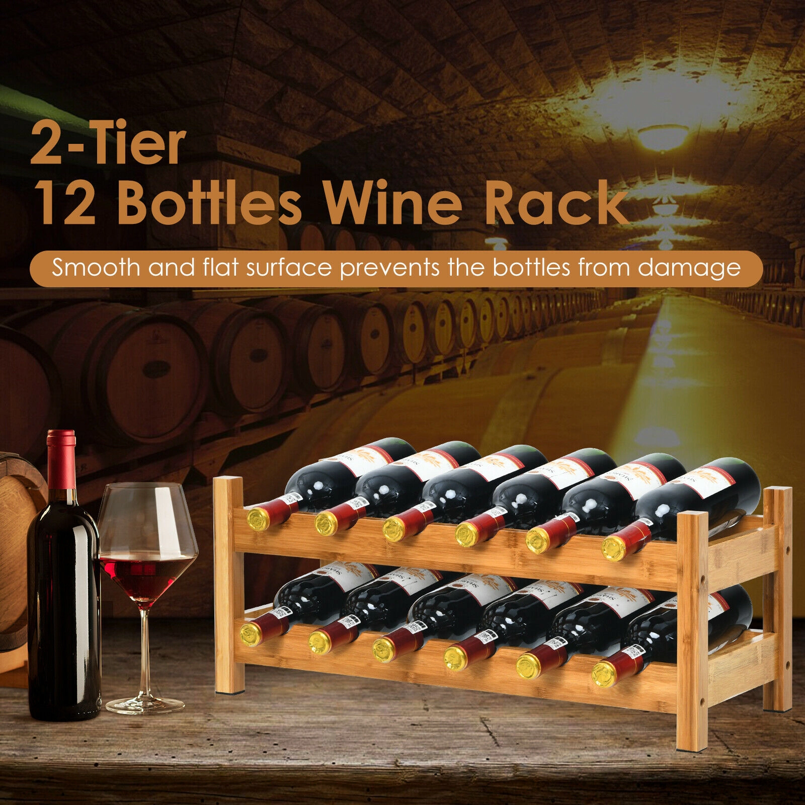 SUGIFT 2-Tier Bamboo Wine Rack Natural Countertop Storage Shelf for 12 Bottles