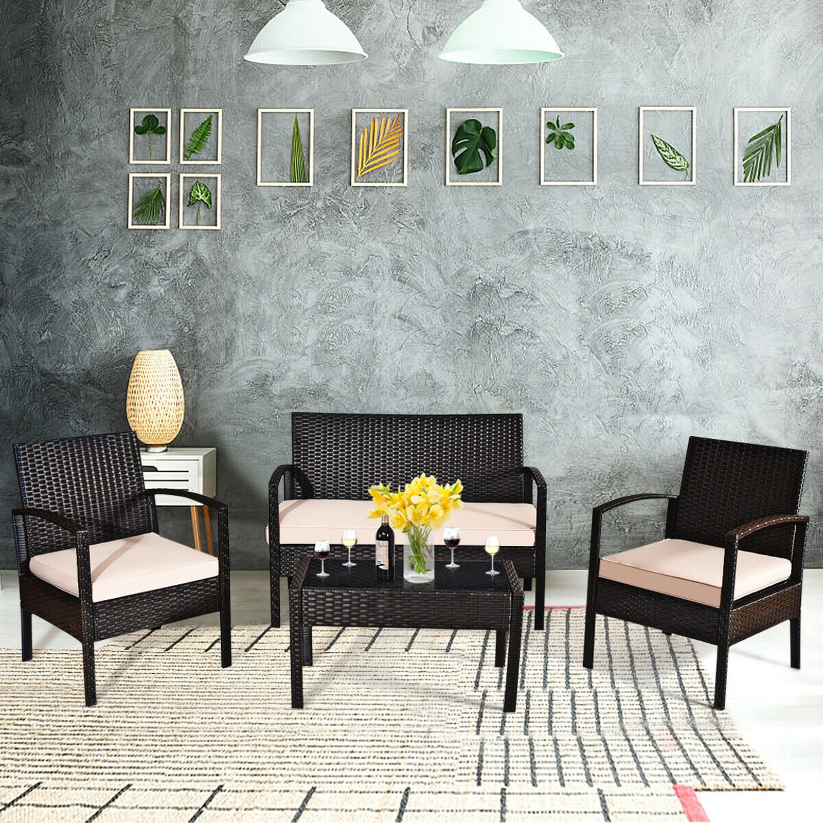 SUGIFT Loveseat 2 Sofas and Coffee Table 4-Piece Beige Patio Rattan Conversation Set