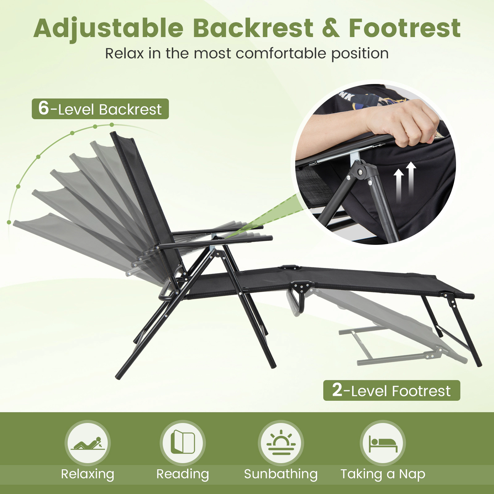 SUGIFT 2 Piece Patio Folding Chaise Lounge Recliner Chairs with 6-Level Backrest 330-lb Capacity 61-74.5-in Length Black