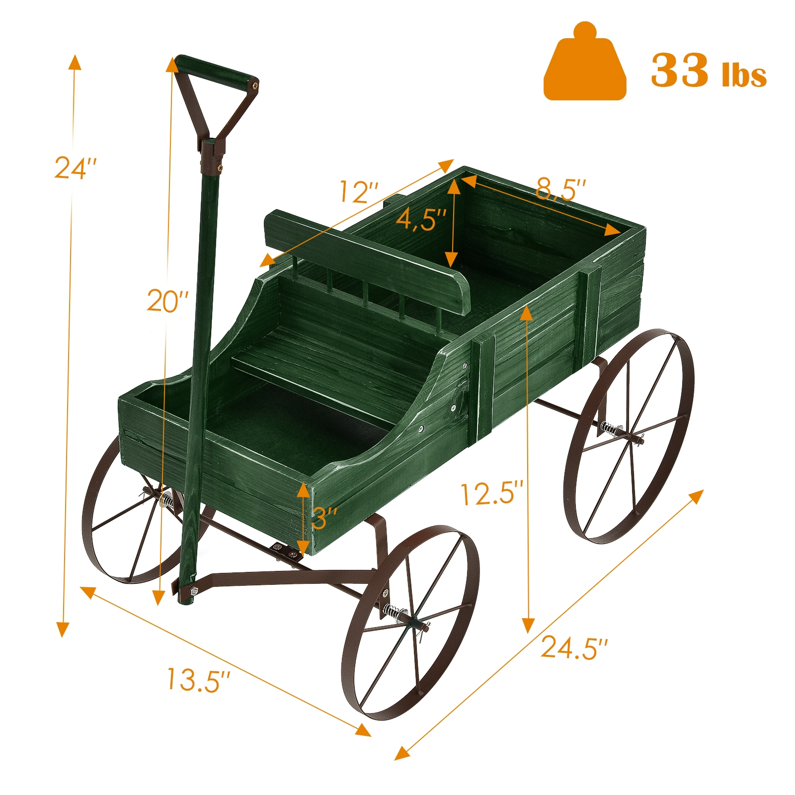 SUGIFT Green Wooden Wagon Planter with Antique Metal Wheels 24.5-in W 13.5-in D 24-in H 33-lb Cart Capacity