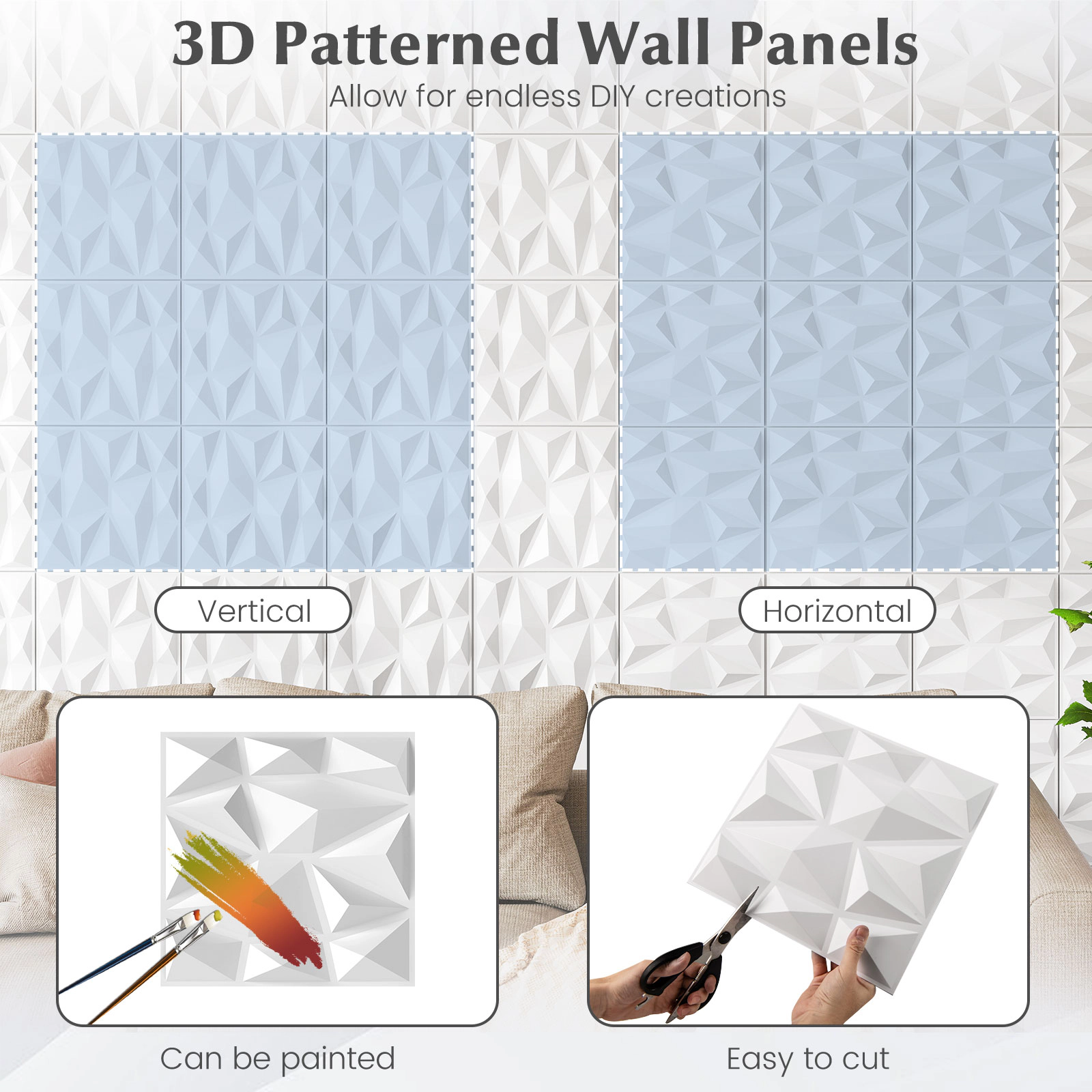 SUGIFT 100-Pack Diamond Pattern Waterproof PVC 3D Wall Panels 12-in x 12-in x 1-in 100 sq ft Coverage 16-lb White