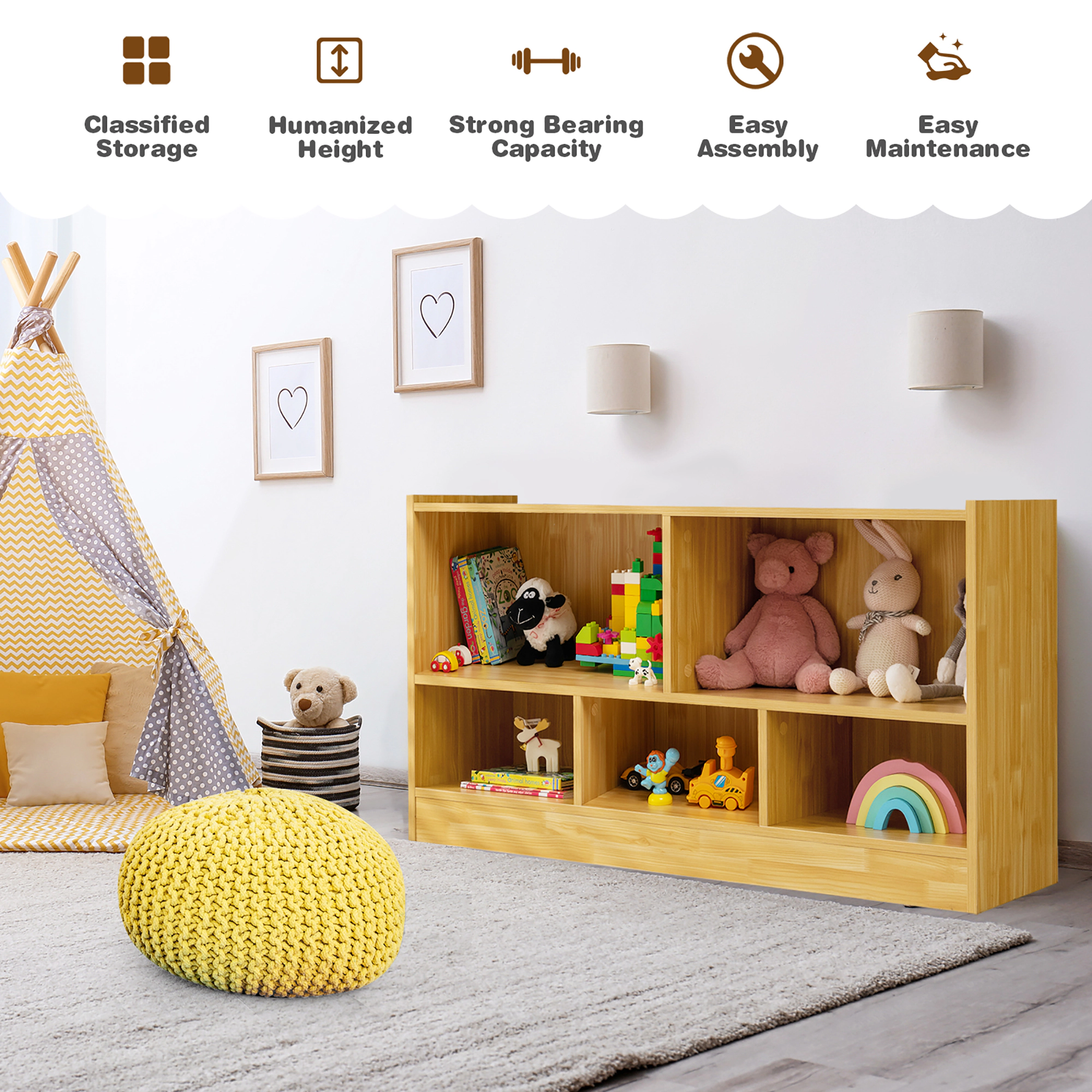 Costway Kids 2-Shelf Bookcase 5-Cube Wood Toy Storage Cabinet Organizer Grey