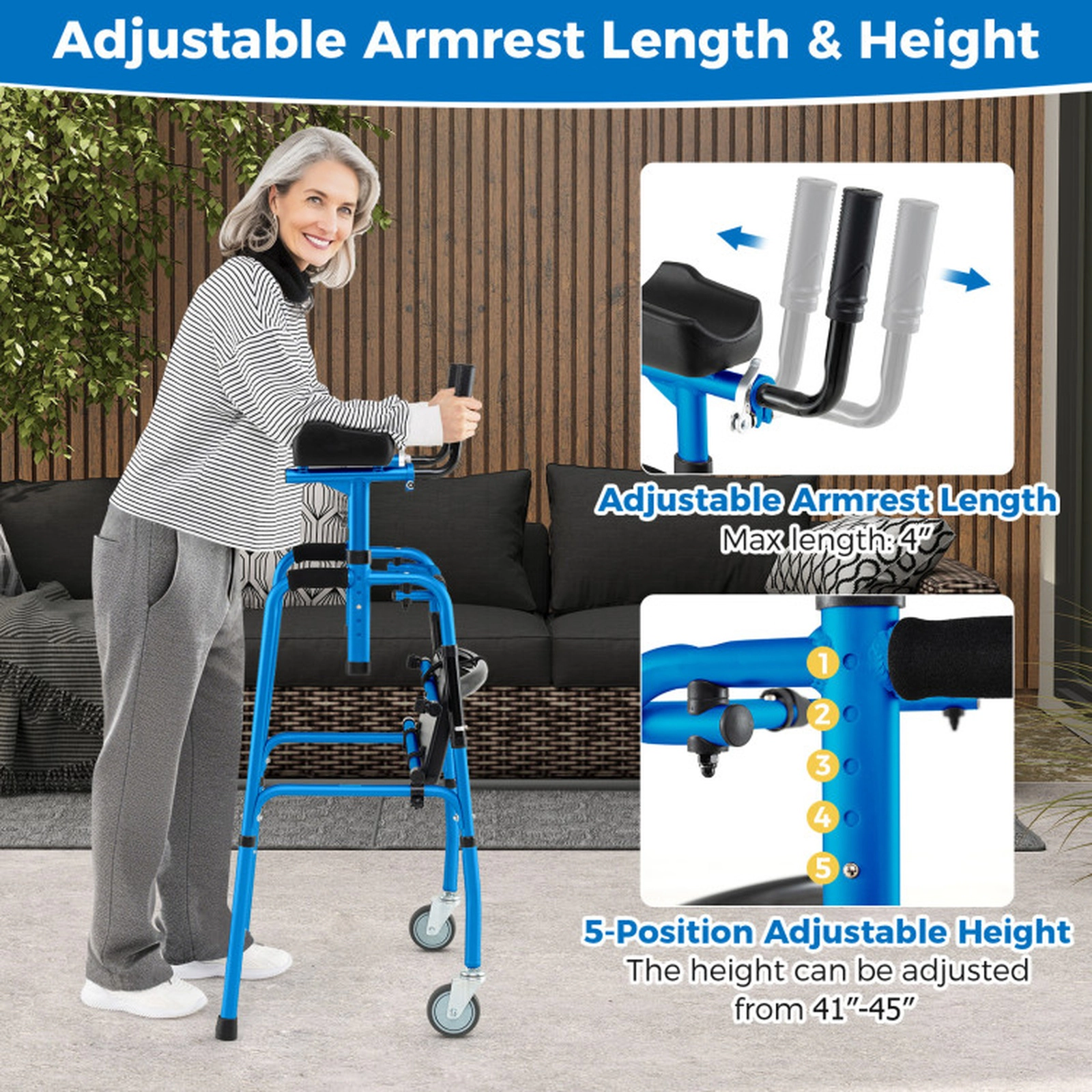 SUGIFT Versatile Rolling Walker with Flip-Up Seat and Adjustable Armrests 450-lb Capacity Silver Navy