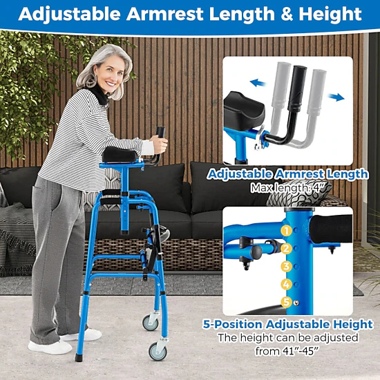 SUGIFT Versatile Rolling Walker with Flip-Up Seat and Adjustable Armrests 450-lb Capacity Silver Navy