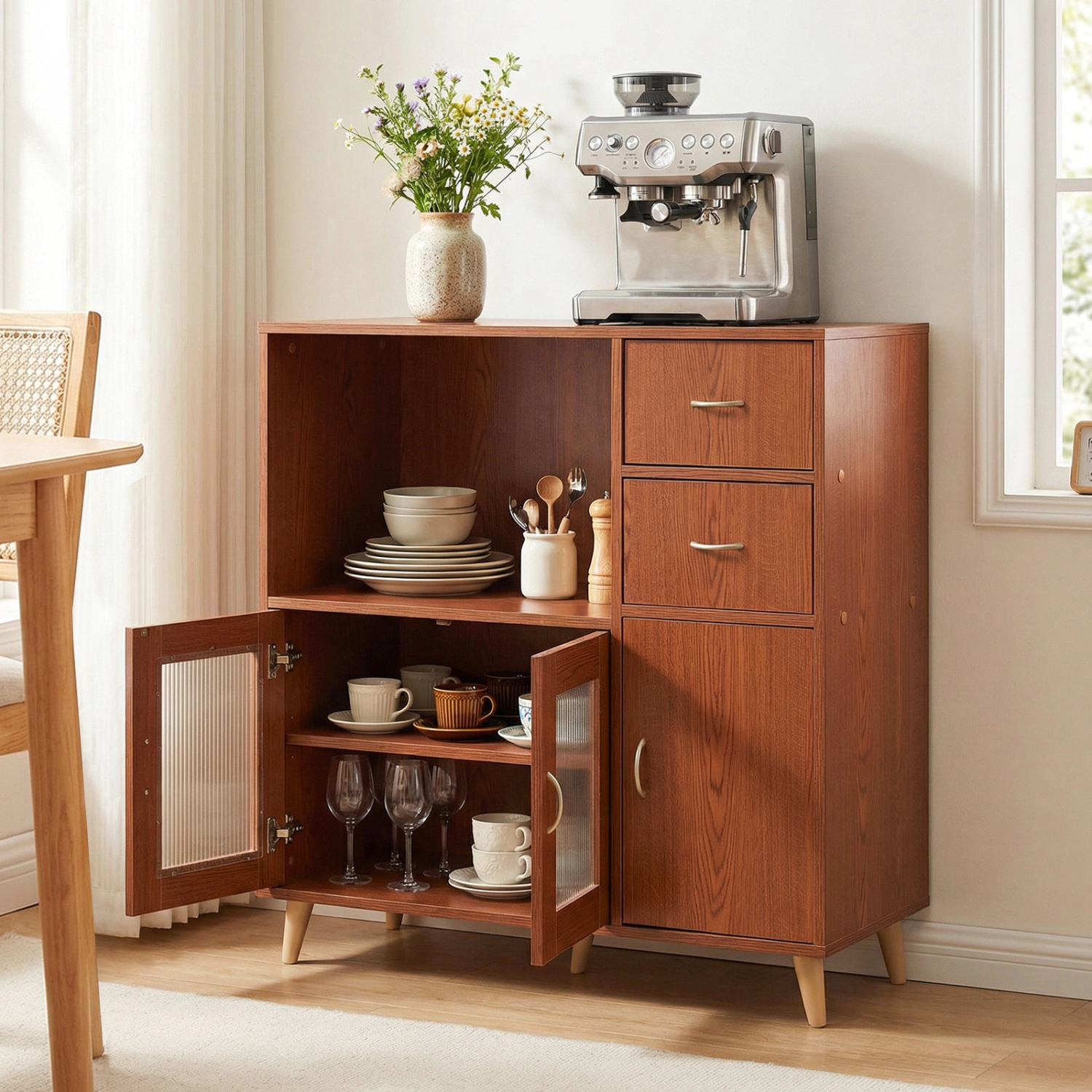 Glintex 36-Inch Sideboard with Open Compartment and Clear Door Panels