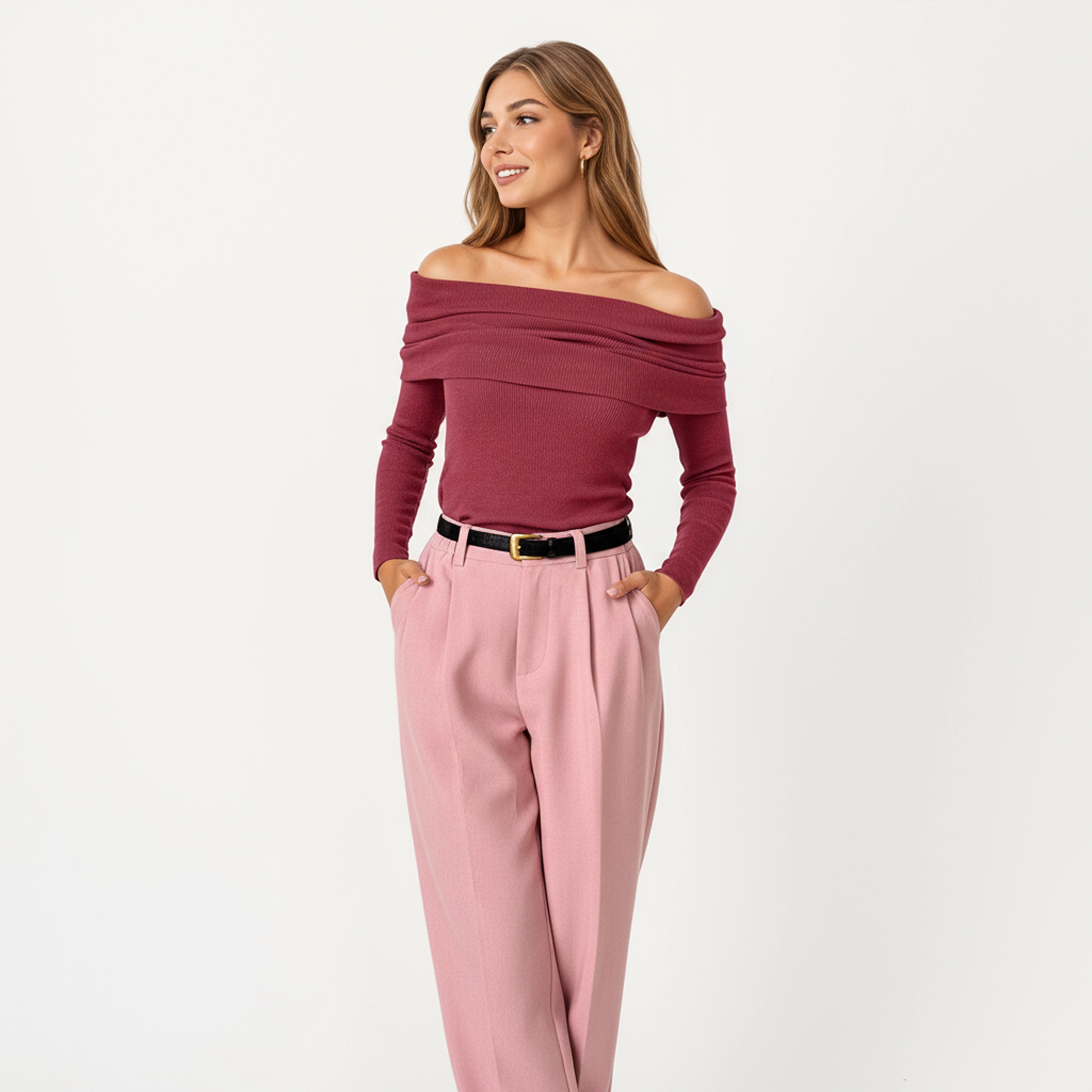 Anna-Kaci Women's Off-Shoulder Ribbed Knit Long Sleeve Top with Foldover Neckline