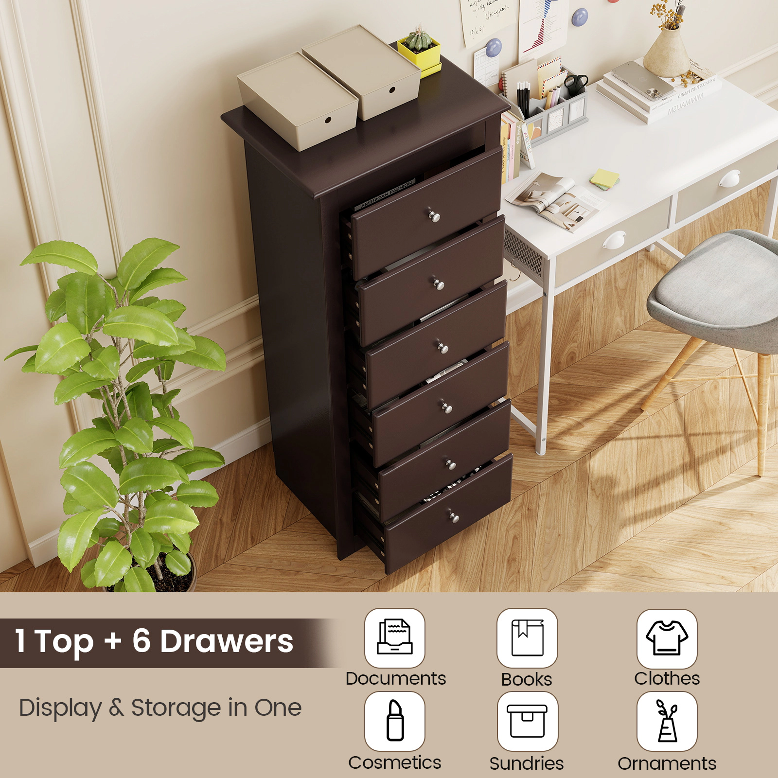 SUGIFT Bedroom Clothes Storage 6-Drawer Tall Chest Dresser