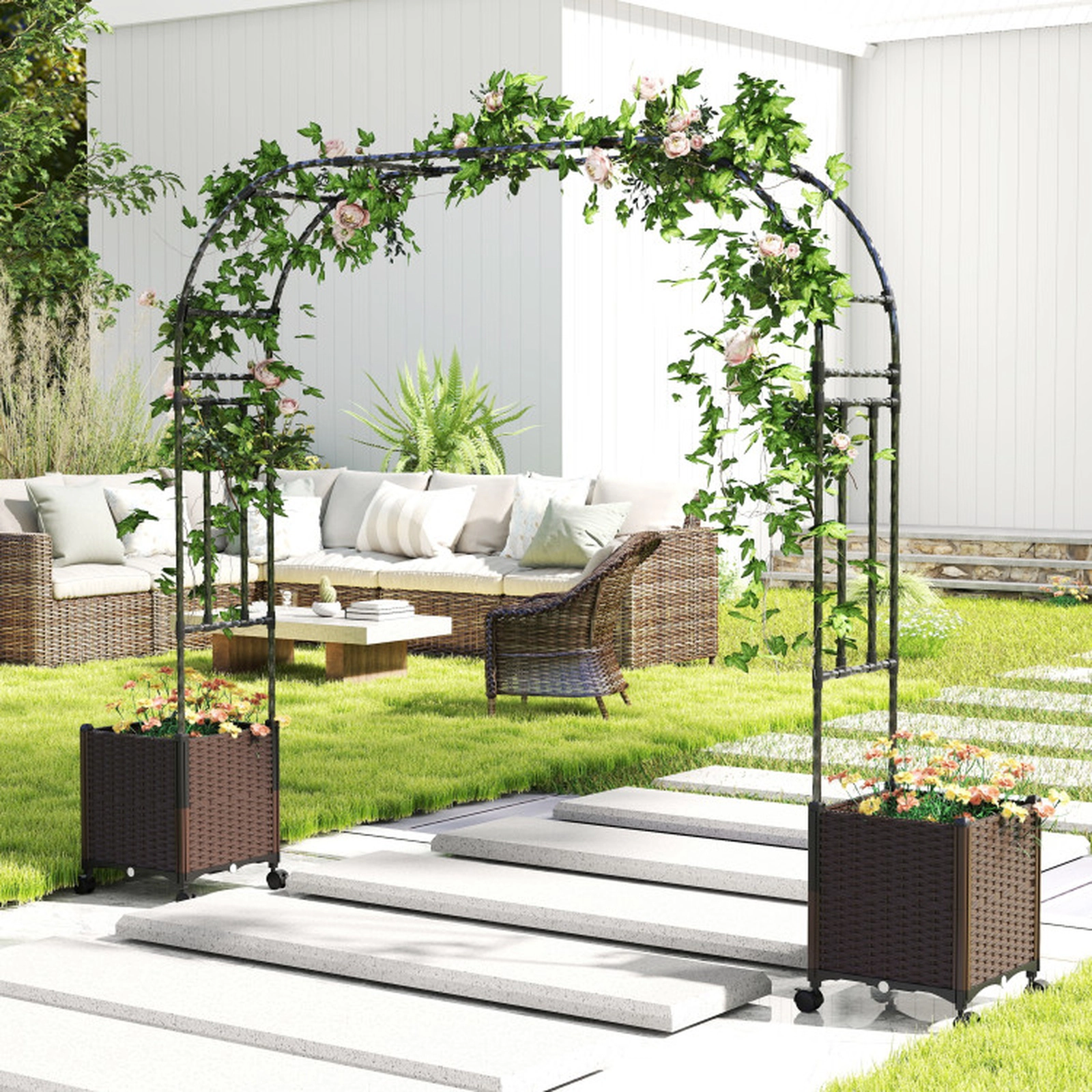 SUGIFT 6.6-Ft Black Garden Arch Trellis with 2 Planter Boxes and Lockable Wheels 80-in W 16-in D 113-in H