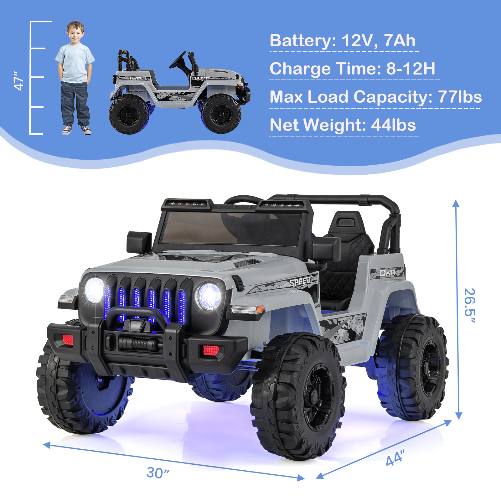 SUGIFT 2.4G Remote Control Spring Suspension and Music Kids 12V Ride On Jeep Style Car