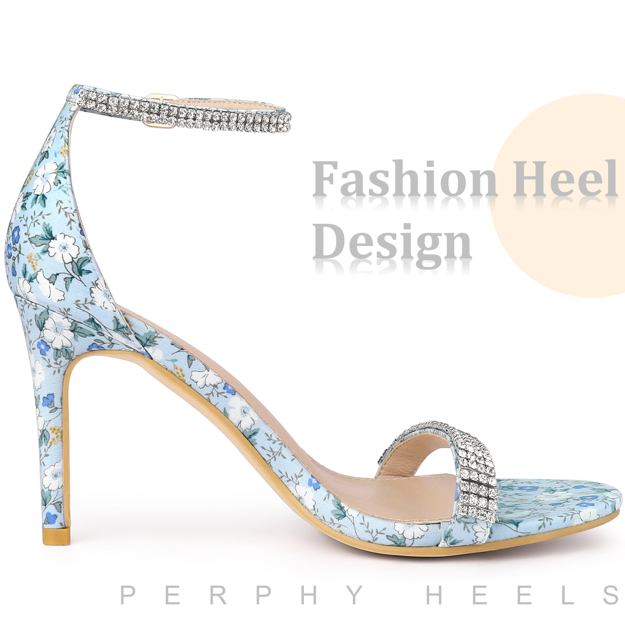 BLISSFUL STEP Women's Rhinestone Strap Floral Print Stiletto Heels Sandals