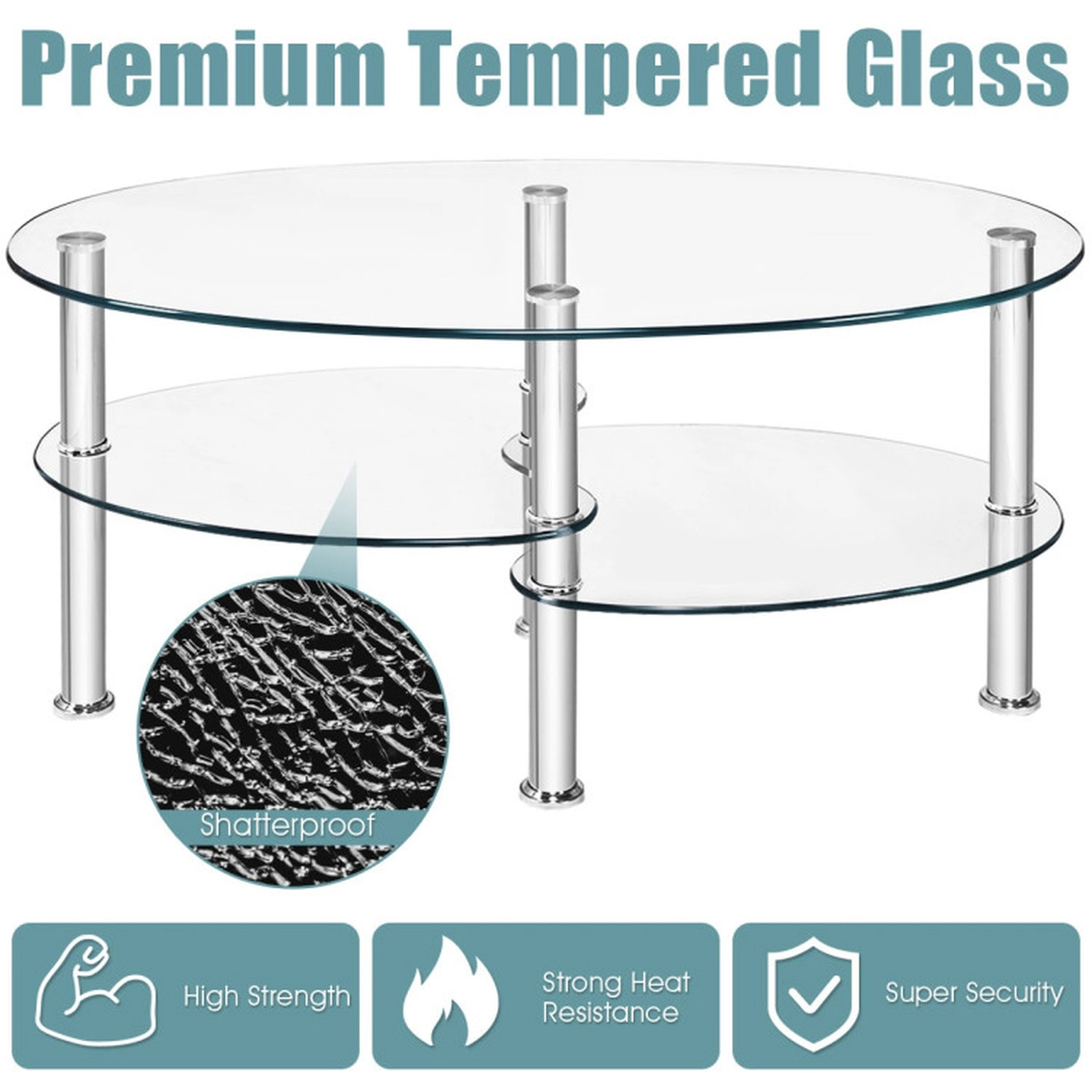 SUGIFT Tempered Glass Oval Side Coffee Table with 2 Shelves 90-lb Top Capacity 35-in Long Black/Transparent