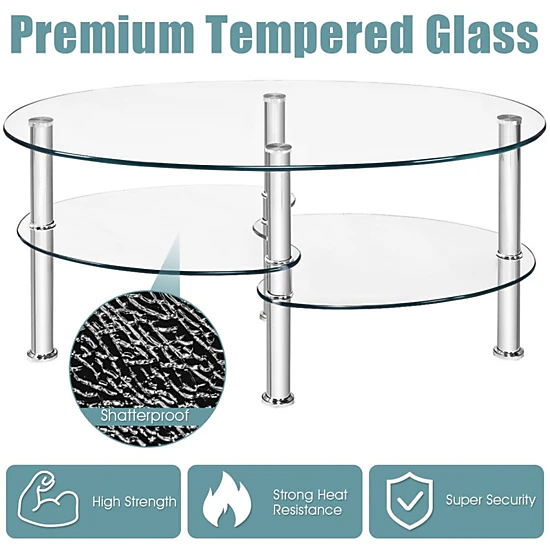 SUGIFT Tempered Glass Oval Side Coffee Table with 2 Shelves 90-lb Top Capacity 35-in Long Black/Transparent