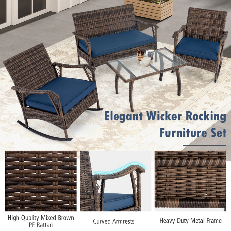 Hivvago 4 Pieces Wicker Rocking Set With Bungee Rope Seat For Porch Yard-Navy