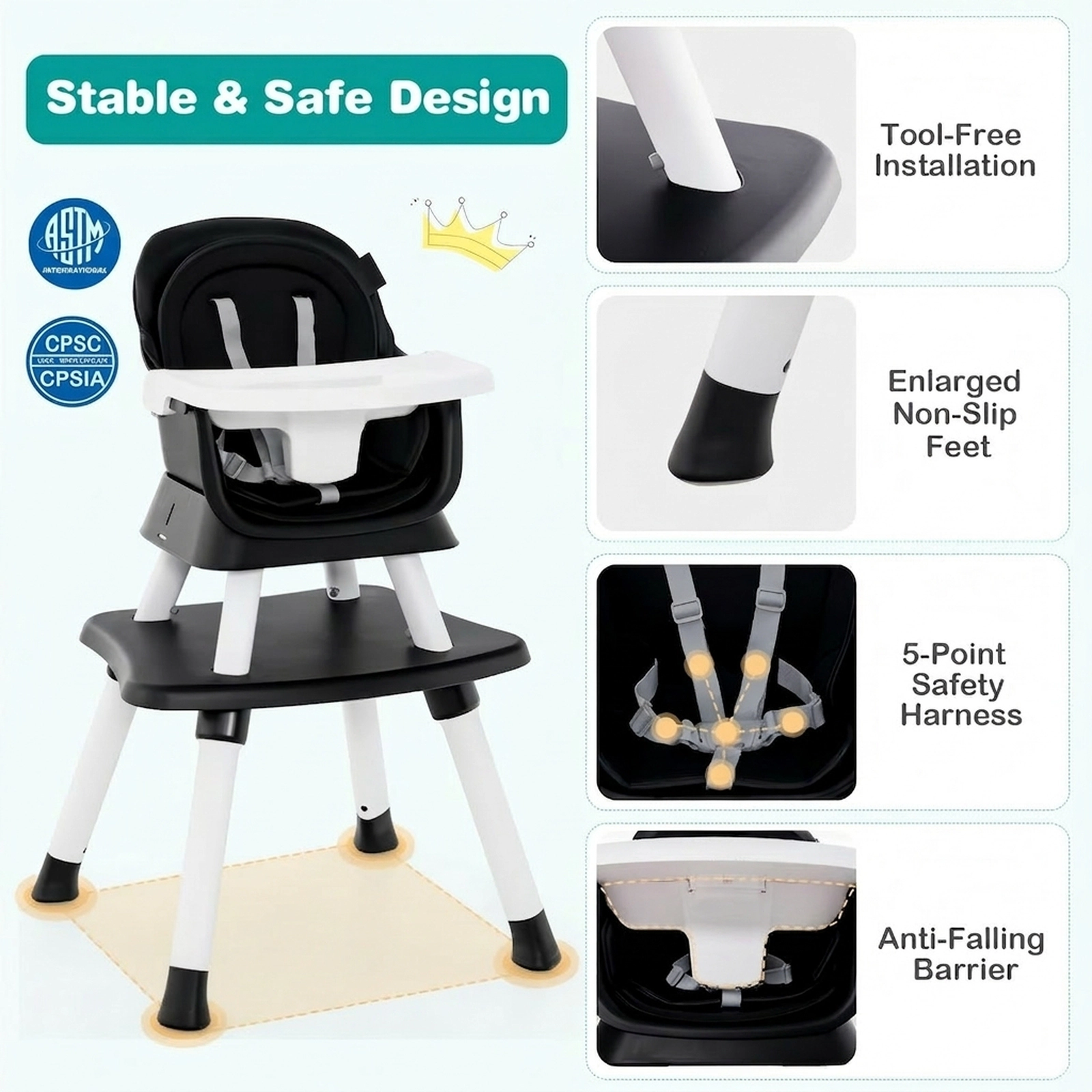 SUGIFT 6-in-1 Convertible Baby High Chair with Adjustable Removable Tray 55-lb Capacity Ages 6-36 Months Black